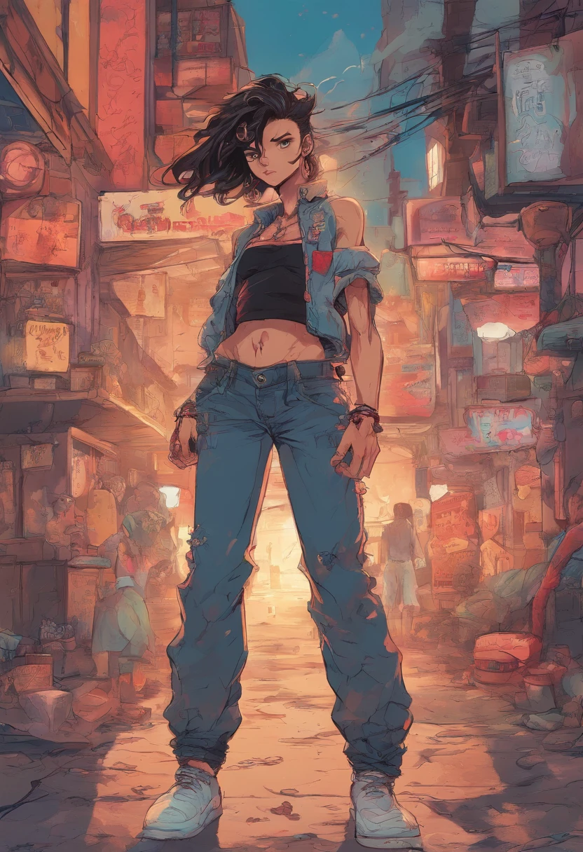 Anime illustration of a young supermodel with a toned physique, En un crop top punk picante, Pantalones de baja altura, pelo corto desordenado, Demonstration of various intricate tattoos, confiadamente parado en medio de una calle abandonada en Chiba. . Anime style, Clave visual, Vibrante, Anime de estudio, Altamente detallado