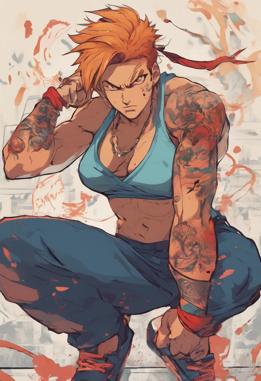 Anime illustration of a young supermodel with a toned physique, En un crop top punk picante, Pantalones de baja altura, pelo corto desordenado, Demonstration of various intricate tattoos, confiadamente parado en medio de una calle abandonada en Chiba. . Anime style, Clave visual, Vibrante, Anime de estudio, Altamente detallado