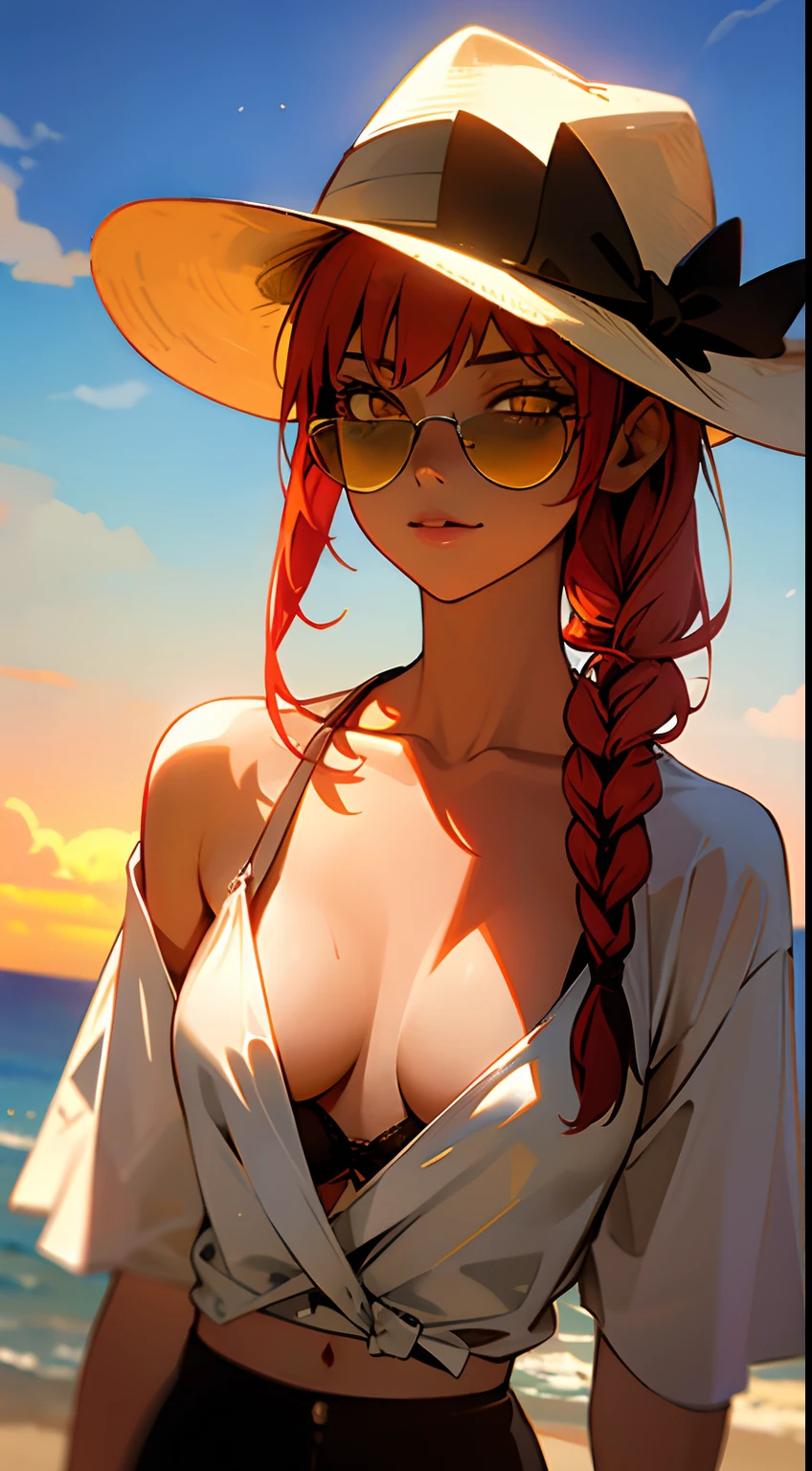 (masterpiece), gorgeous, a beautiful girl in the beach, coboy shot, makima \(chainsaw man\), (red haired), ((yellow eyes)), perfect anatomy, perfect face, realistic, calm expression, soft expression, happy, smilling, sensual,(sunglasses, sunset), backlight, photorealistic, detailed hair, braid, bangs, perfect skin, soft skin, perfect lighting, semi-realistic, film grain,close up, no_shirt, (young,perfect waistline), sexy, warm, hot,warm lights, (long braid), (hat), summer BREAK she is wearing a black bra, she is wearing sunglasses she is beautiful, she is calm, is a photorealistic image, the sky has gorgeous clouds, an sexy atmosphere,