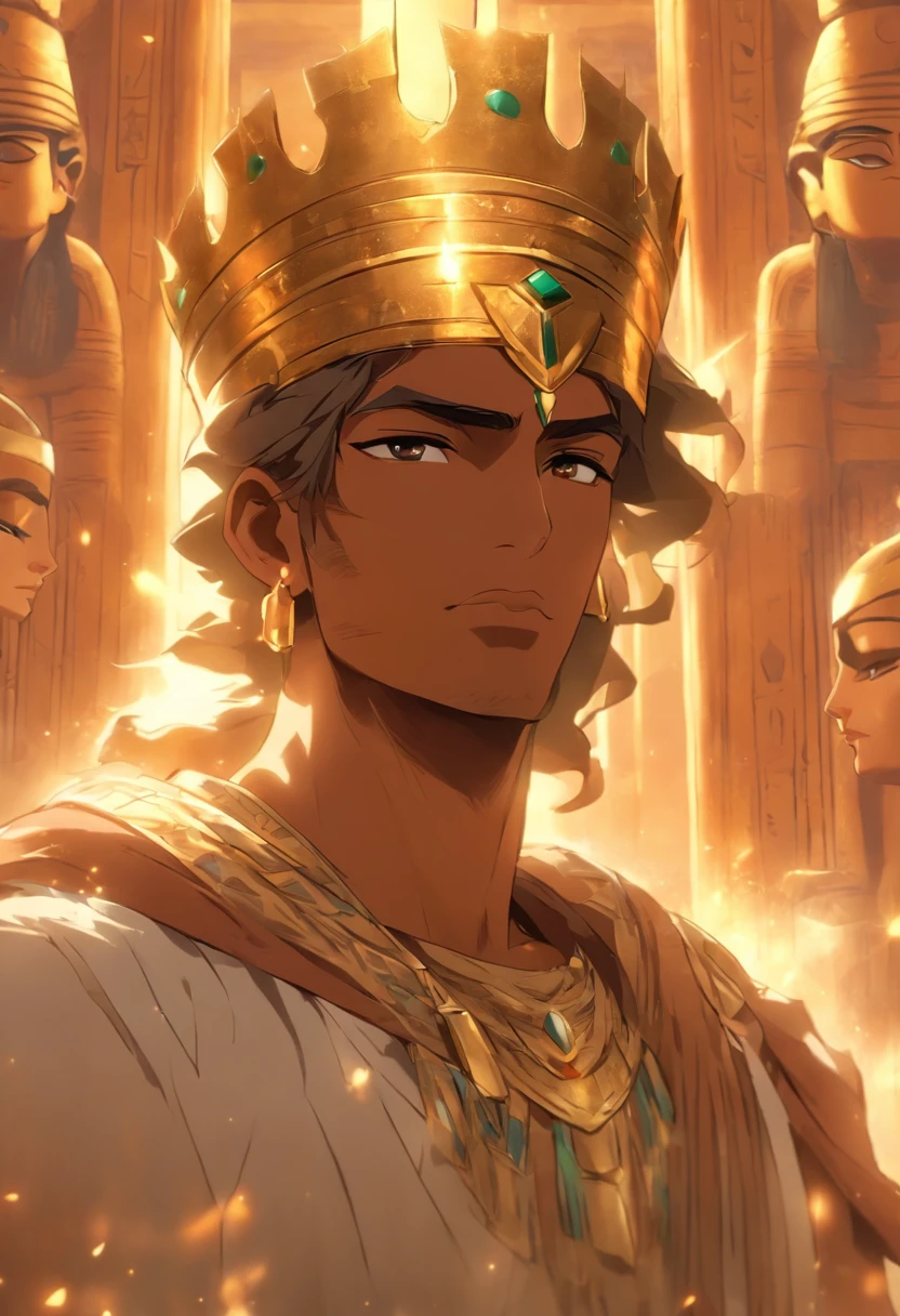 (((man wearing a crown))) best quality, ultra-high resolution, 4K detailed CG, master piece, Egyptian mythology,Egyptian, Pharaoh's Crown,Egyptian temple,hieroglyphics,Egyptian clothing, desert,Egyptian palace,(( stand) ) , aesthetics, Beautiful image, centered on the screen