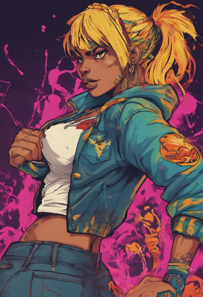 The most beautiful and sexy punk rock girl, cabello color arco iris, ojos amarillos, dark skin, usar una sudadera con capucha, Graphic T-shirt and torn skinny jeans, toneladas de tatuajes y piercings, Obra maestra perfecta, alta calidad, High resolution