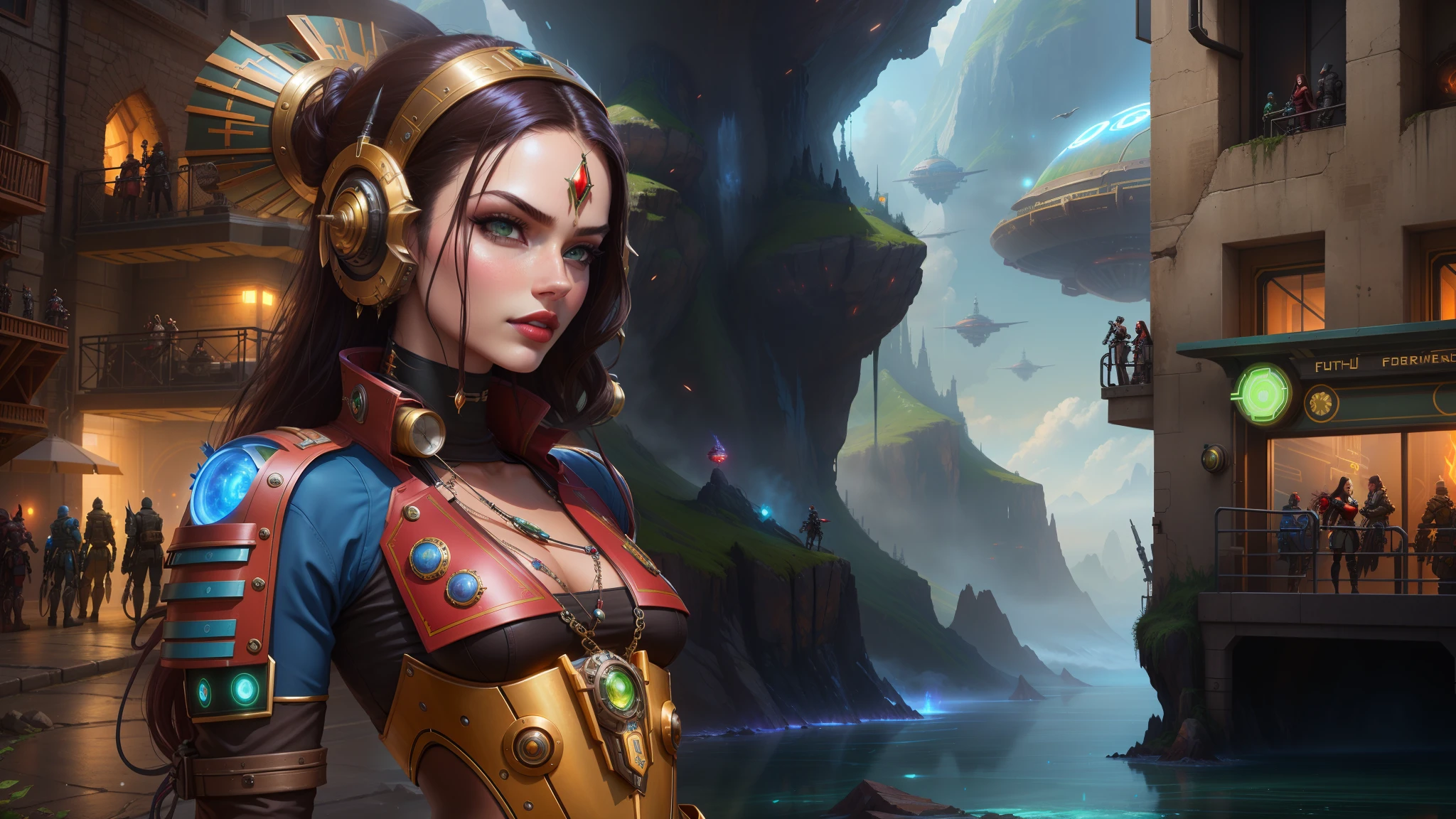 arafed woman (Adriana Lima :1.1)  red lips, green eyes in a futuristic outfit standing in front of a building, sci-fi fantasy art, artgerm julie bell beeple, epic fantasy sci fi illustration, epic scifi fantasy art, sci-fi high fantasy, sci-fi fantasy wallpaper, detailed sci-fi art, sci fi art, beautiful sci fi art, colorful sci-fi steampunk