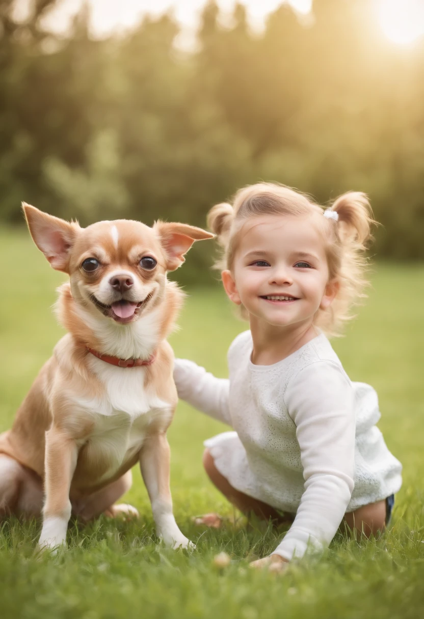 Cheerful American kids playing with a cheerful Chihuahua breed dog on a realistic lawn FullHD 8K