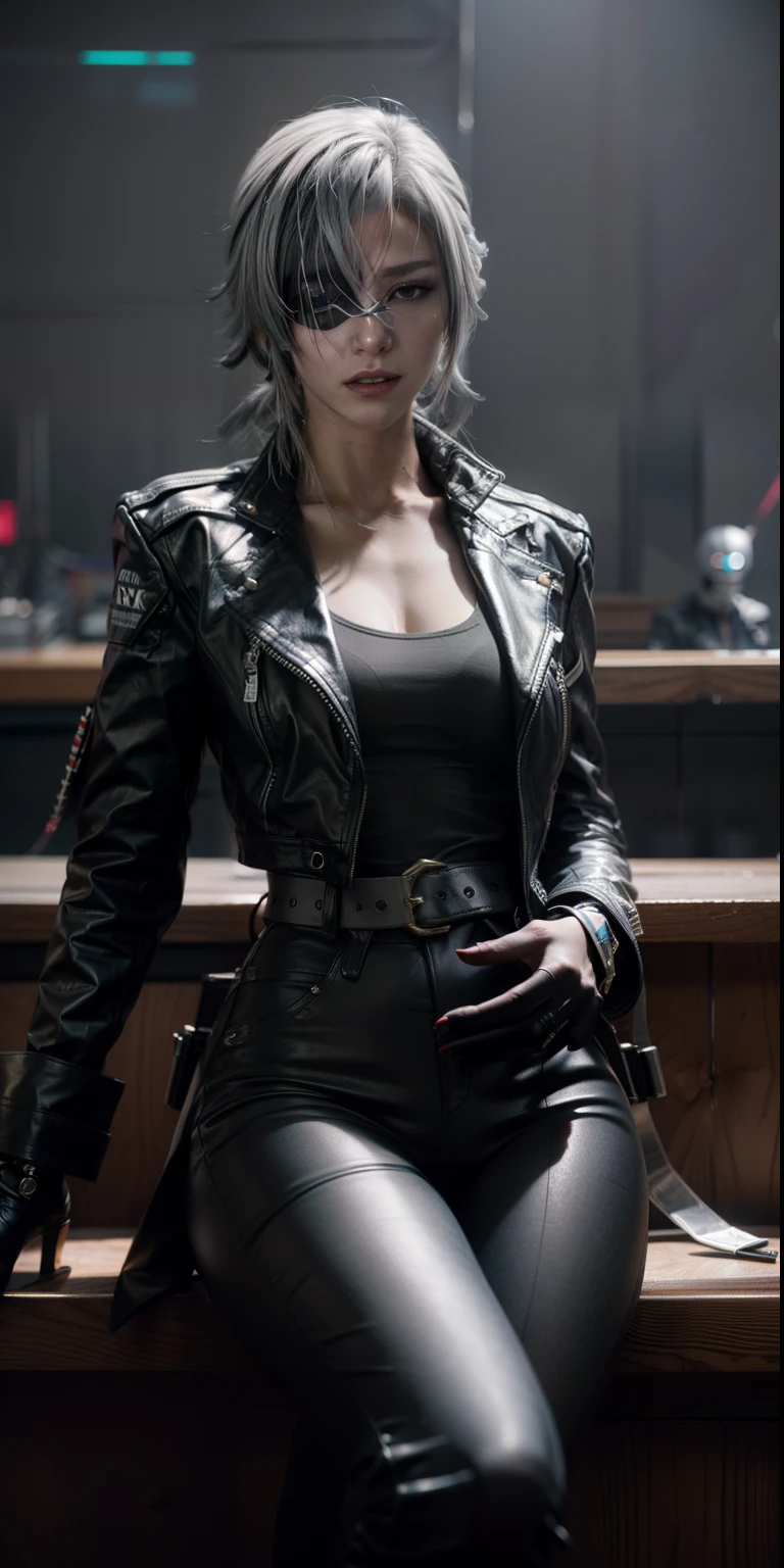 realistic girl with grey hair and black leather outfit sitting on a chair, female cyberpunk realistic girl, modern cyberpunk realistic, cyberpunk realistic girl mech, in a cyber - punk ally, cyberpunk realistic, in cyberpunk style, in cyber punk 2077, blindfold