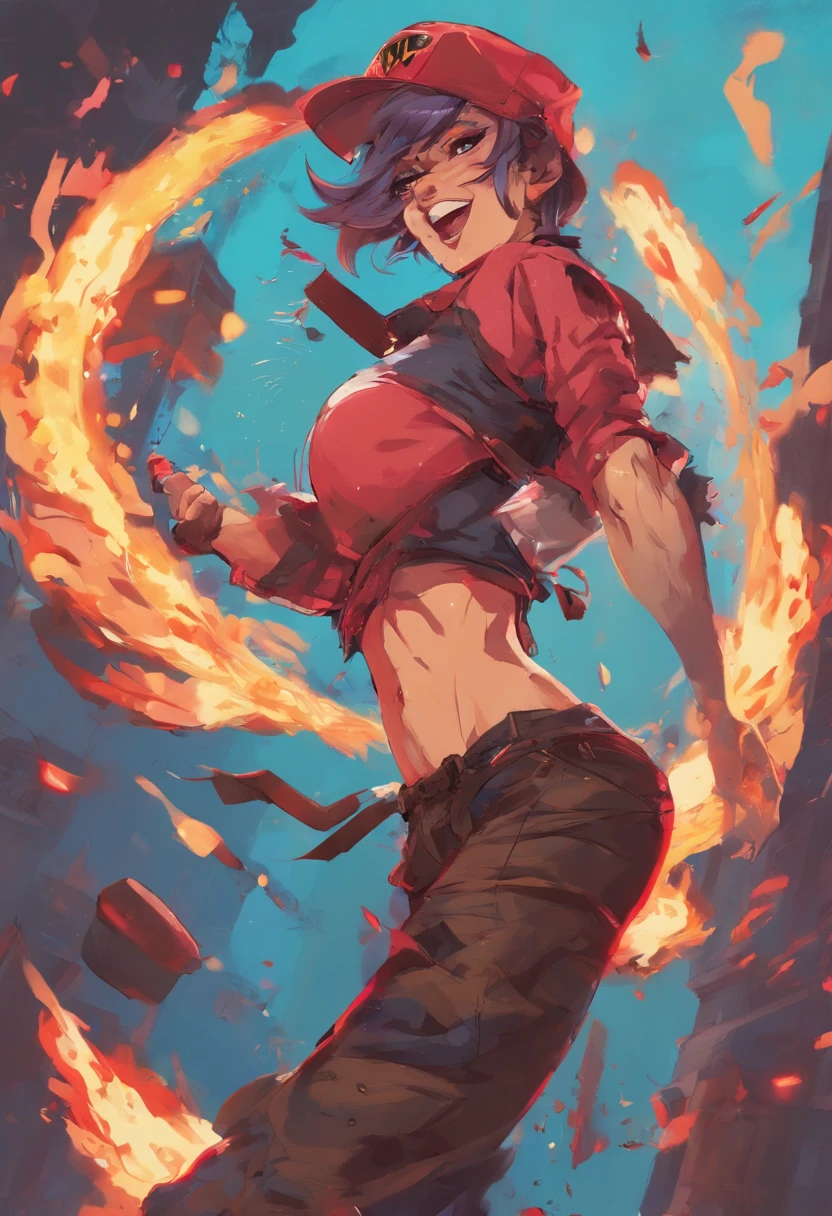 ((Obra maestra, La mejor calidad, Ultra detallado)), ((anime artstyle)), solamente, cuerpo completo, dynamic  pose, Jinx de League of Legends, cabello azul, Coletas trenzadas, ojuelos, Cara detallada, Mirando al espectador, (armas: espinas de pescado, Pow-Pow, y Zapper), Tatuajes, Vestimenta punk, Botas hasta la rodilla, sonrisa traviesa, Fondo explosivo, Dynamic Angle, cinematic lighting, ((action scene)), Ambiente de juego, alto contraste, ((Detalles finos: tatuajes intrincados, textura de la ropa, Detalles del arma)), ((Efectos coloridos: Fuego de armas, Explosiones))