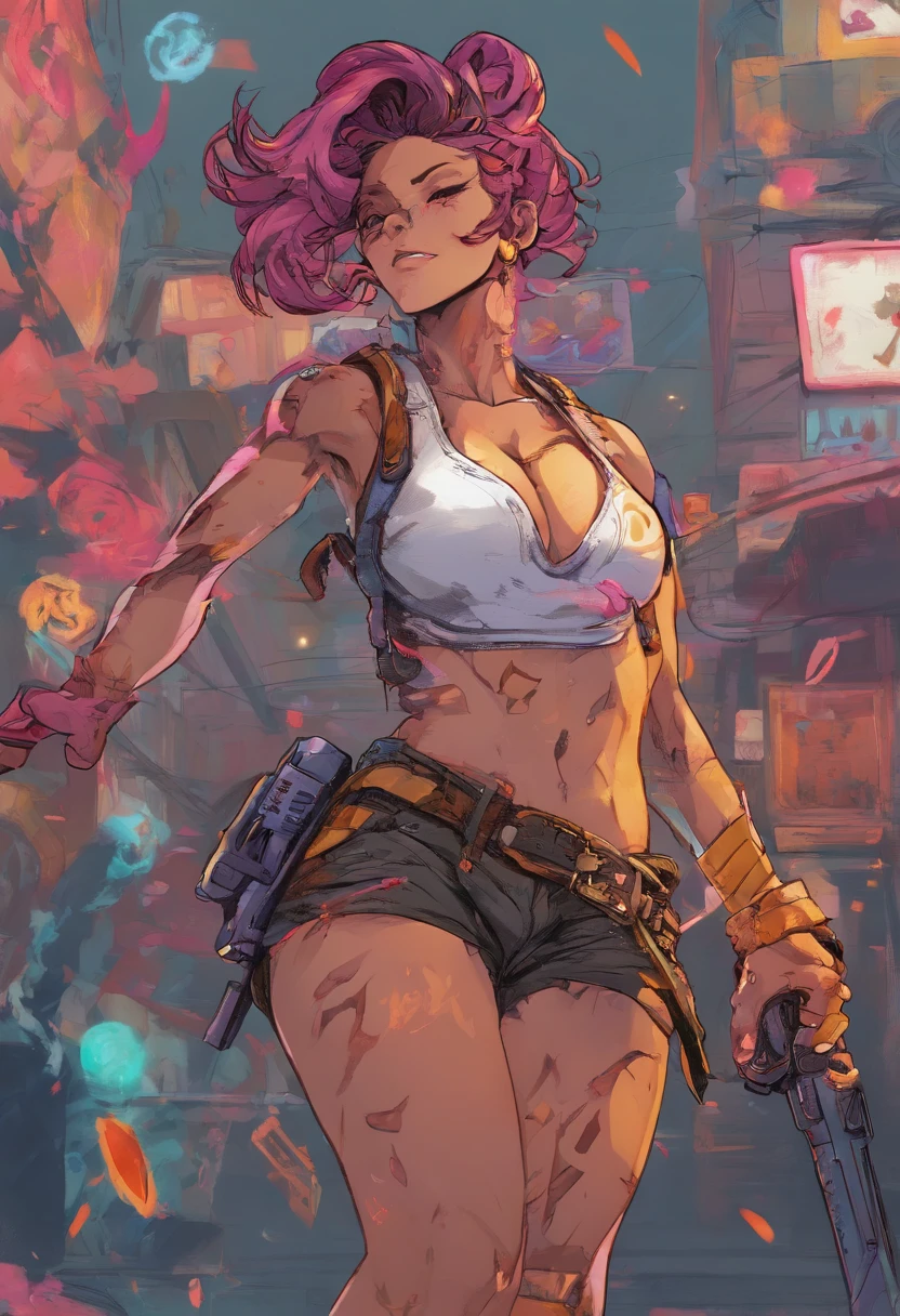((Obra maestra, La mejor calidad, Ultra detallado)), ((anime artstyle)), solamente, cuerpo completo, dynamic pose, Jinx de League of Legends, cabello azul, Coletas trenzadas, ojuelos, Cara detallada, Mirando al espectador, (armas: espinas de pescado, Pow-Pow, y Zapper), Tatuajes, Vestimenta punk, Botas hasta la rodilla, sonrisa traviesa, Fondo explosivo, Dynamic Angle, cinematic lighting, ((action scene)), Ambiente de juego, alto contraste, ((Detalles finos: tatuajes intrincados, textura de la ropa, Detalles del arma)), ((Efectos coloridos: Fuego de armas, Explosiones))