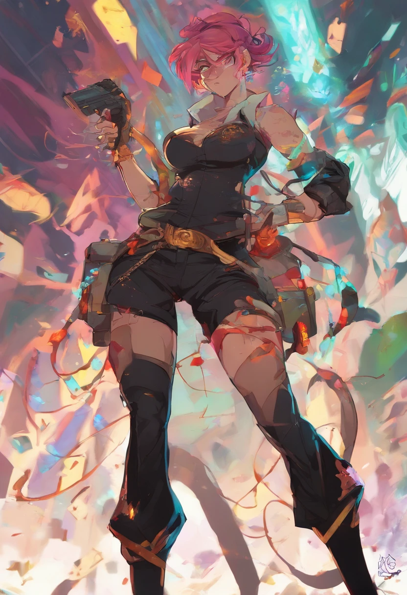 ((Obra maestra, La mejor calidad, Ultra detallado)), ((anime artstyle)), solamente, cuerpo completo, dynamic pose, Jinx de League of Legends, cabello azul, Coletas trenzadas, ojuelos, Cara detallada, Mirando al espectador, (armas: espinas de pescado, Pow-Pow, y Zapper), Tatuajes, Vestimenta punk, Botas hasta la rodilla, sonrisa traviesa, Fondo explosivo, Dynamic Angle, cinematic lighting, ((action scene)), Ambiente de juego, alto contraste, ((Detalles finos: tatuajes intrincados, textura de la ropa, Detalles del arma)), ((Efectos coloridos: Fuego de armas, Explosiones))
