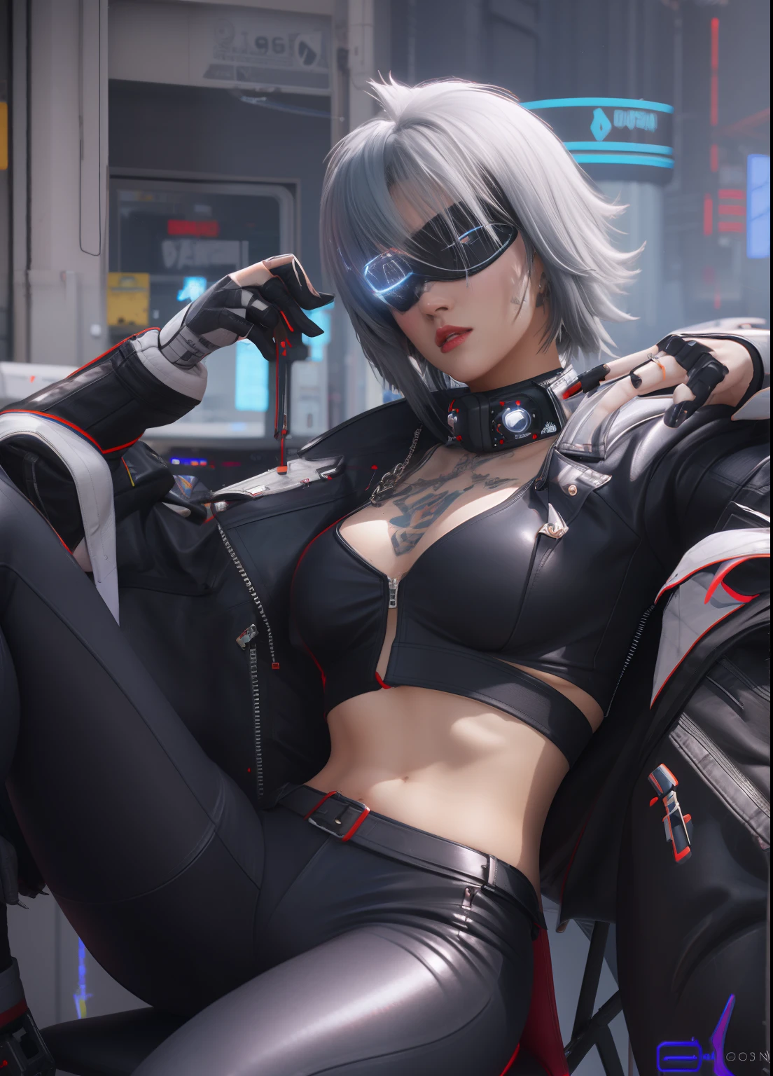 realistic girl with grey hair and grey leather outfit sitting on a chair, female cyberpunk realistic girl, modern cyberpunk realistic, cyberpunk realistic girl mech, in a cyber - punk ally, cyberpunk realistic, tattoo in cyberpunk style, in cyber punk 2077, blindfold, demon girl