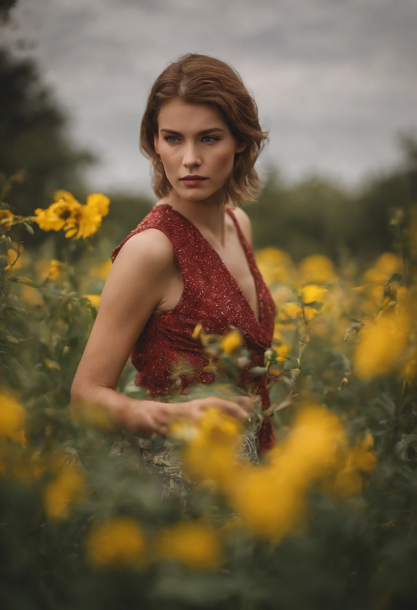 Red eyes, girl, holding a knife, yellow-green striped shirt with thicker stripes, red eyes glowing red, head tilted, short brown hair mushroom head, with a clear smile on his face, Chara, two-dimensional, standing among golden flowers with a ray of light above his head
