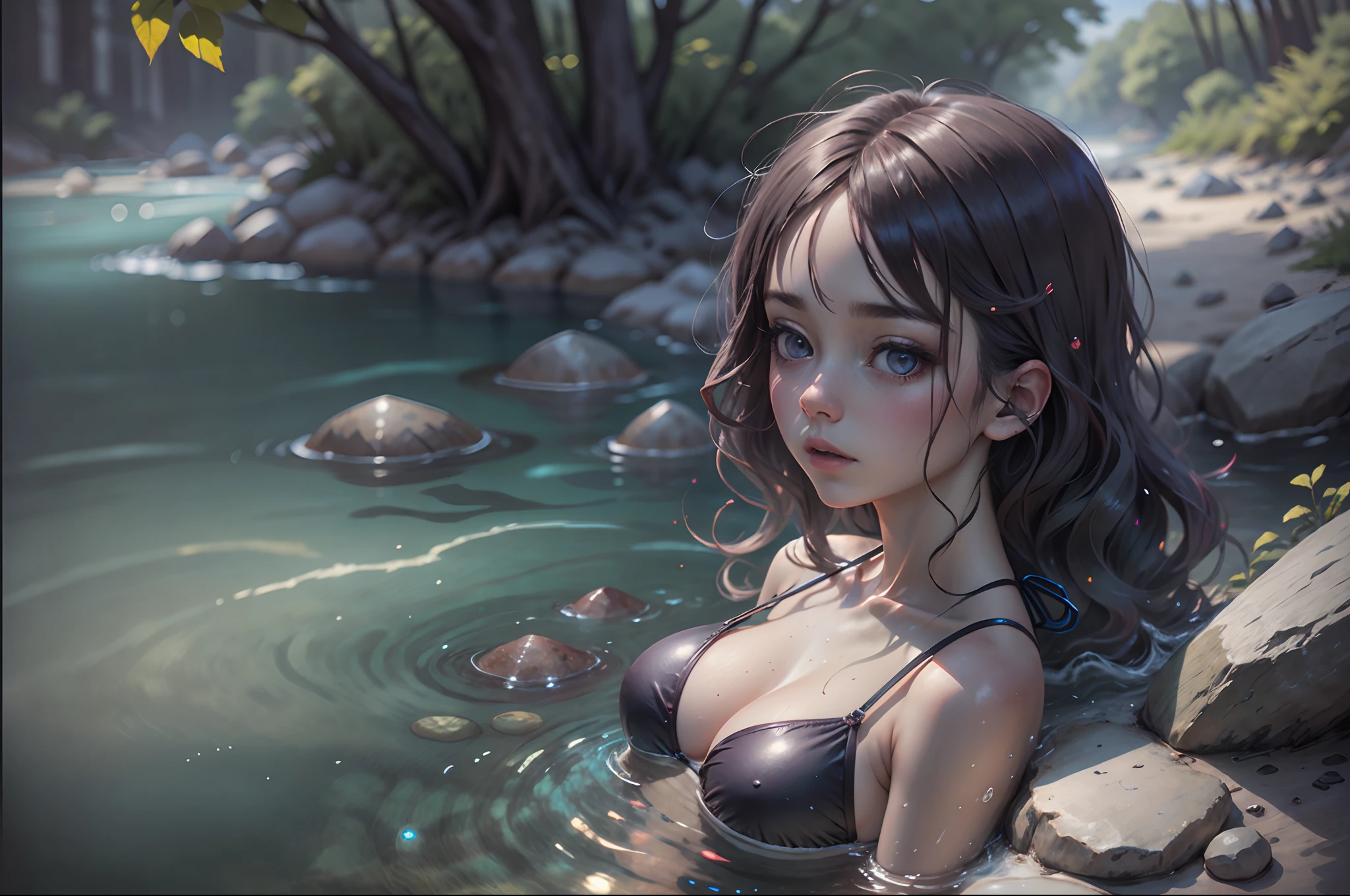 a girl wearing a bikini in a river full of stones --auto --s2