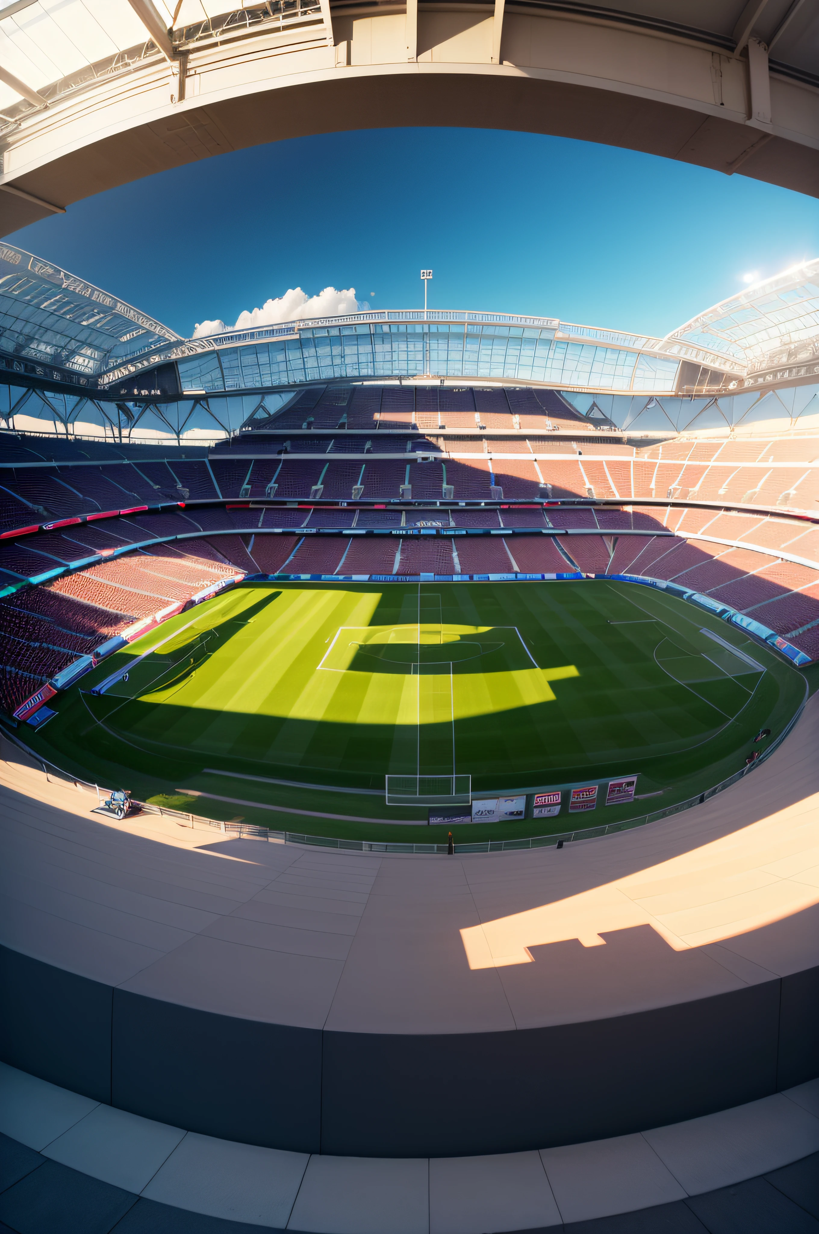 Wide angle photo real of a professional soccer stadium during the day with lights and fans, Perfect soccer field, 8K Super Detail, Photo real,