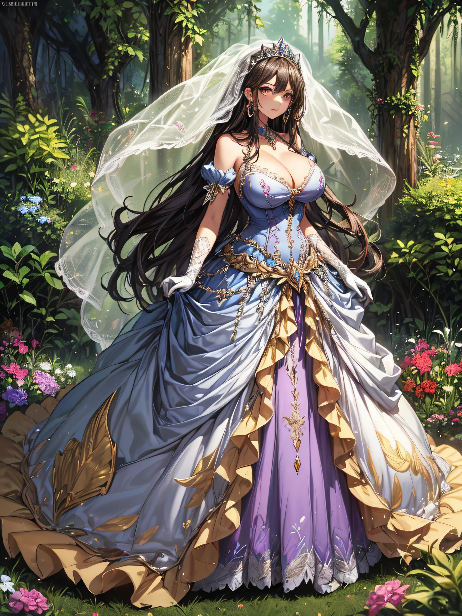 ((anime artstyle)),(Masterpiece),(Best Quality), (Super Detail),((Very Delicate and Beautiful)),cinematic lighting,1 girl,((full body portrait)),((standing in garden)),((solo)),(((1 fairytale princess in gorgeous embroidery and jeweled extremely gorgeous cinderella ballgown with voluminous full length hoop skirt))),an hourglass waist,padded and corseted bodice,(((huge crinoline hoopskirt))),long train,((gorgeous embroidery and jeweled)),voluminous frills,See-through,(((extremely gigantic tits,skindentation))),cleavage,((absurdly Long Straight Hair,extremely voluminous Straight long Hair,absurdly Long Straight Hair)),(finely detailed face and eyes),clear pupil,extremely gorgeousfull hair ornament,(bling-bling jeweled extremely gorgeousfull tiara),((bling-bling gorgeous gemstone jewelry)),gorgeous long veil,((ultra long gloves)),(beautiful background),(full body),((gorgeous embroidery and jeweled extremely gorgeous cinderella ballgown with voluminous full length hoop skirt))