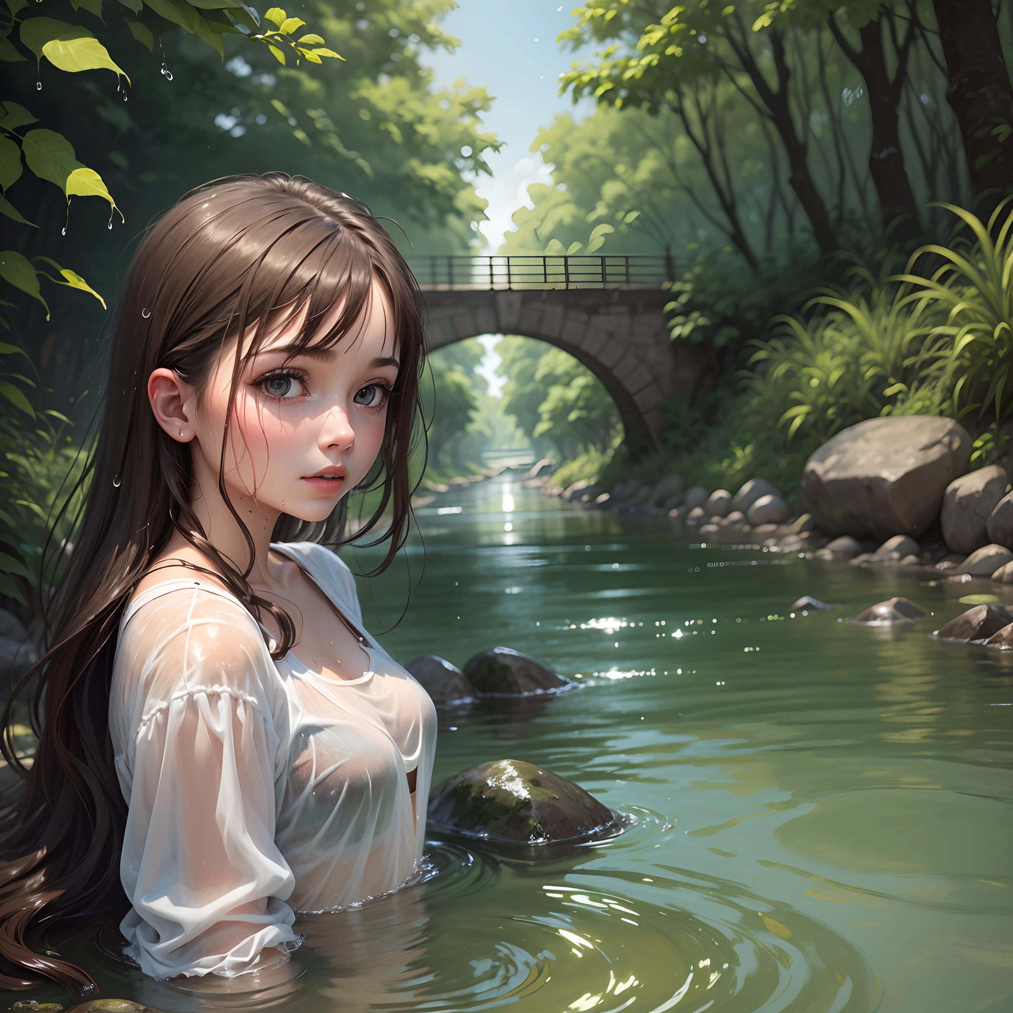 (2girls),18 years old, ginger, freckles, shy smile, best quality, photorealism, masterpiece, ice blue eyes, braid over shoulder, naked, forest lake, (wet:1.4), (dusk)