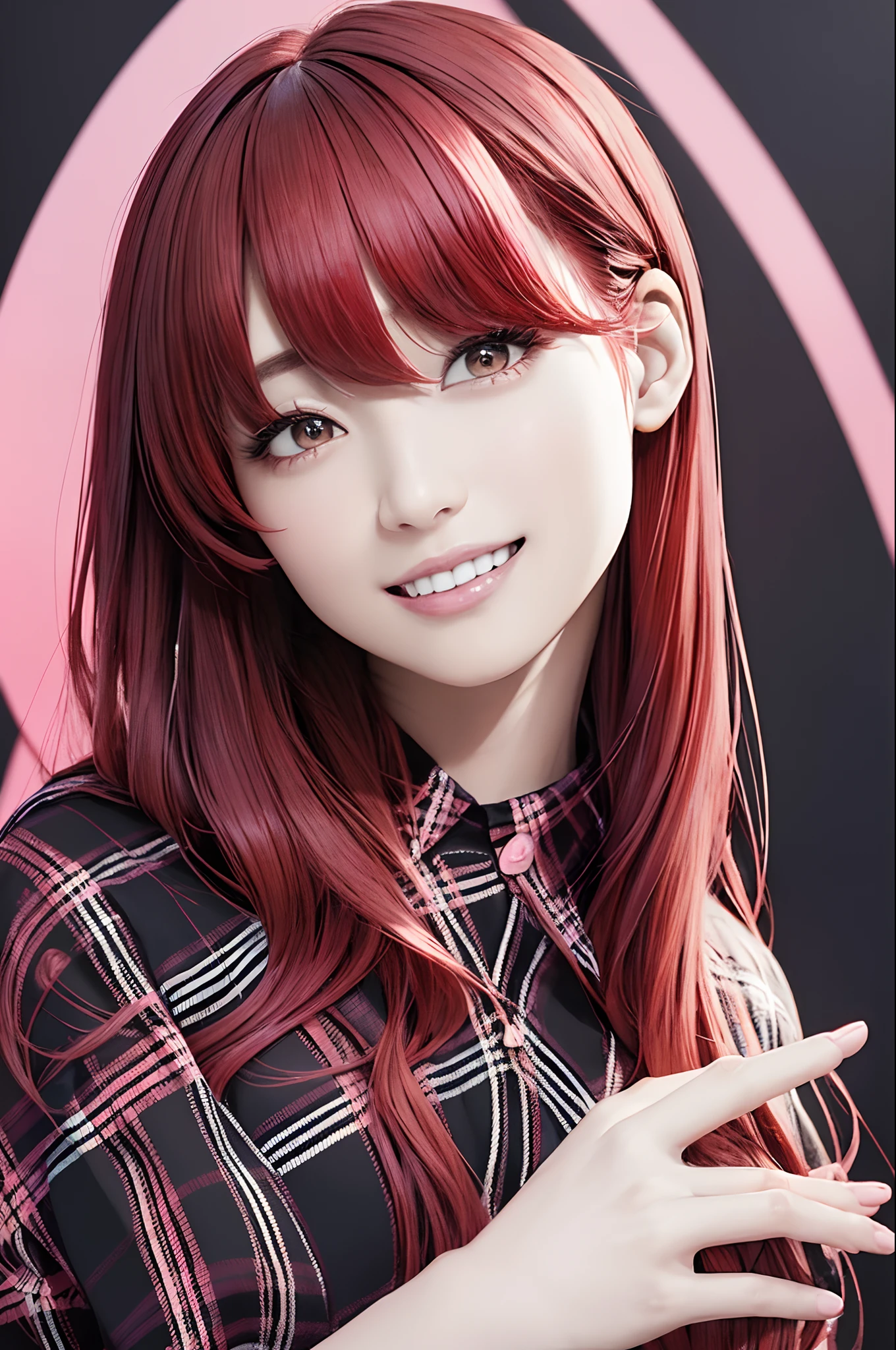 The upper part of the body、black backgrounds、front facing、an oil painting、​masterpiece、top-quality、front facing、hight resolution、(((Red hair)))、Cheerful woman、great laughter、Black background、bobhair、(((Pink and black plaid shirt)))、a short skirt、femele１a person、Ahoge on the top of the head
