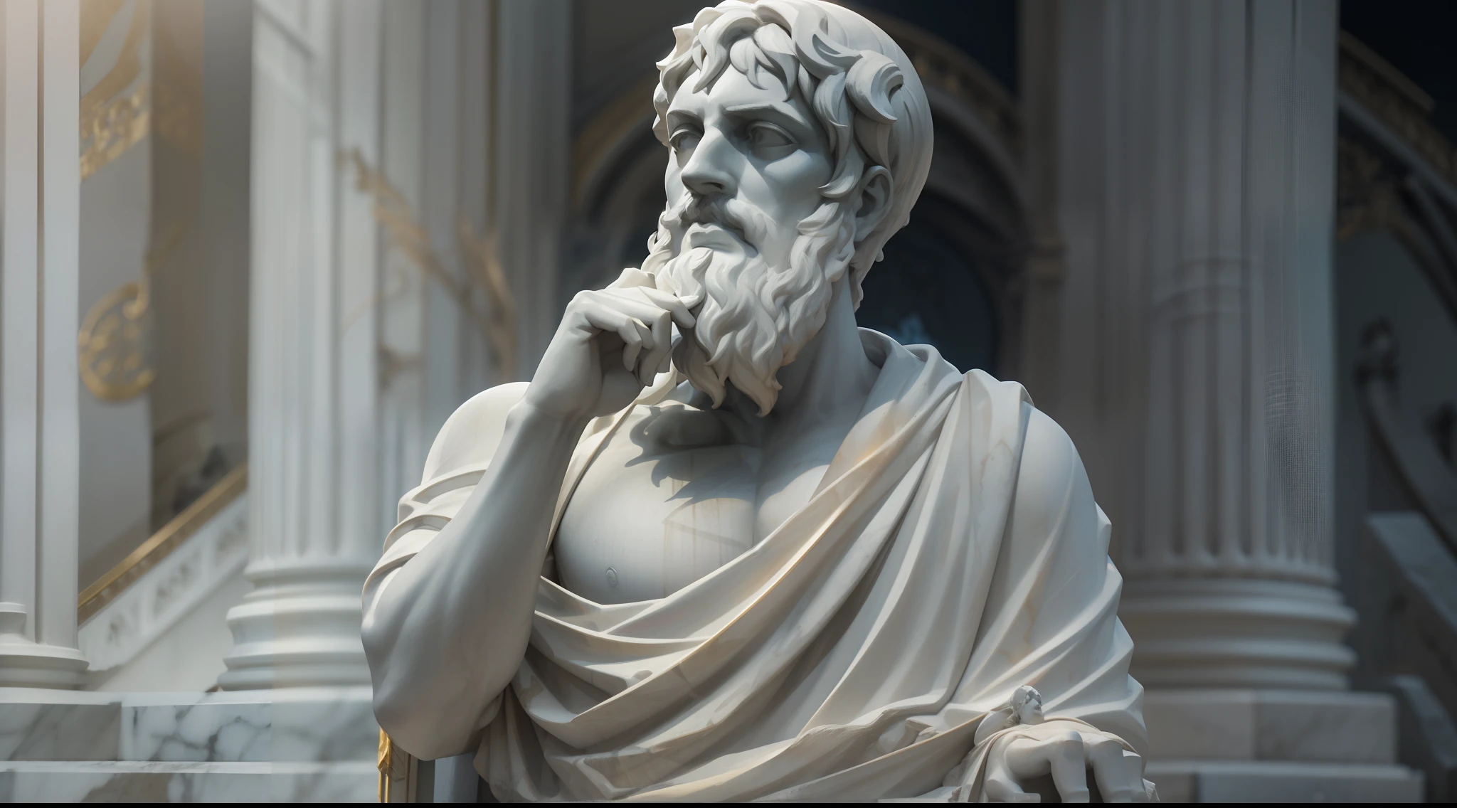A realistic Greek white marble statue of thoughtful brave Aristotle detailed wearing a ghostly toga, fundo neutro, Moody, , fotorrealista, thoughtful movie dinner, super detalhada, hiper realista, luzes brilhantes, 8 K