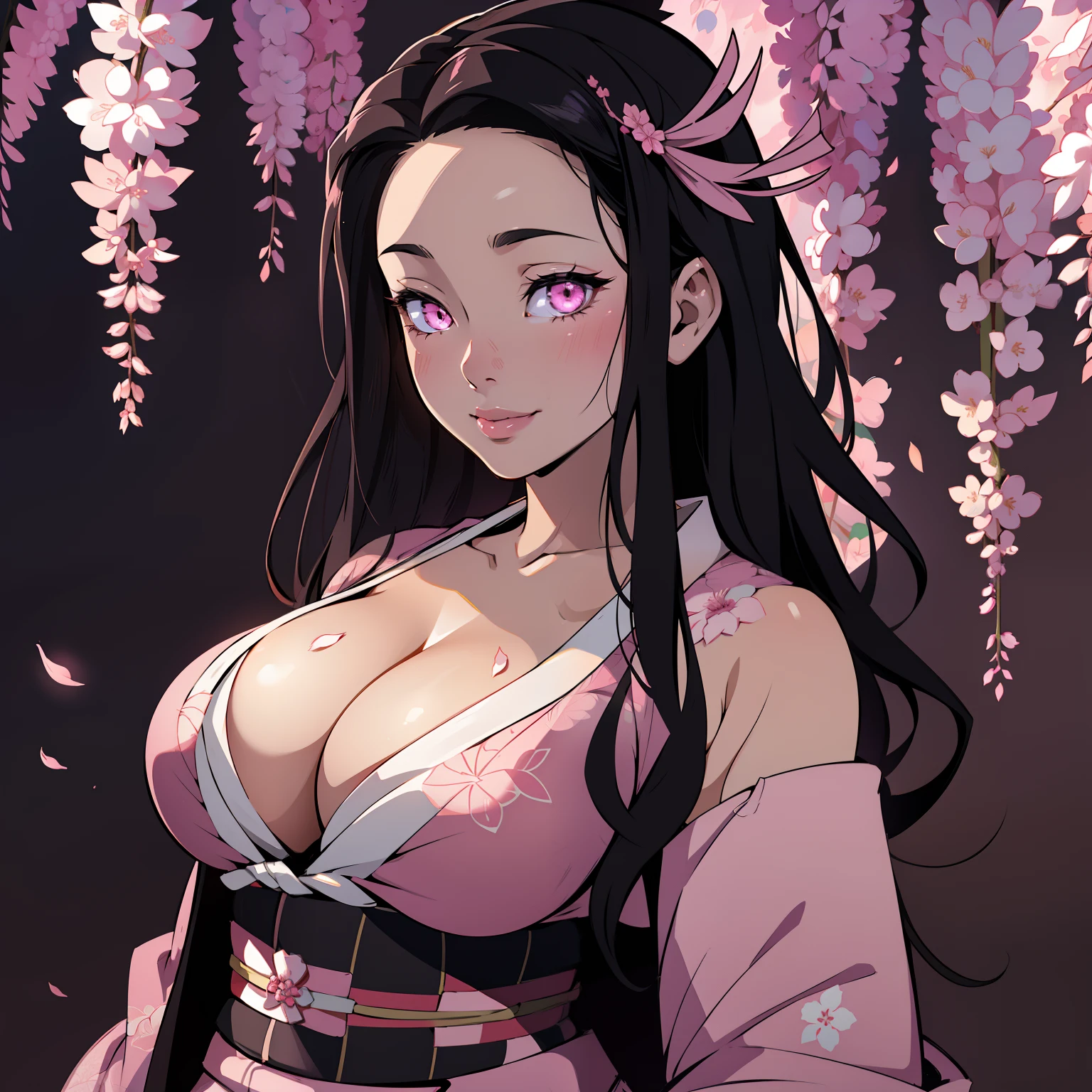 Masterpiece, (Pink kimono), Seductive face, Large breasts with cleavage，ssmile，sportrait，Good lighting, Masterpiece, Glowing eyes, 1girll, Black hair, on the face, Nezuko Kamado, Wisteria background, Best quality,