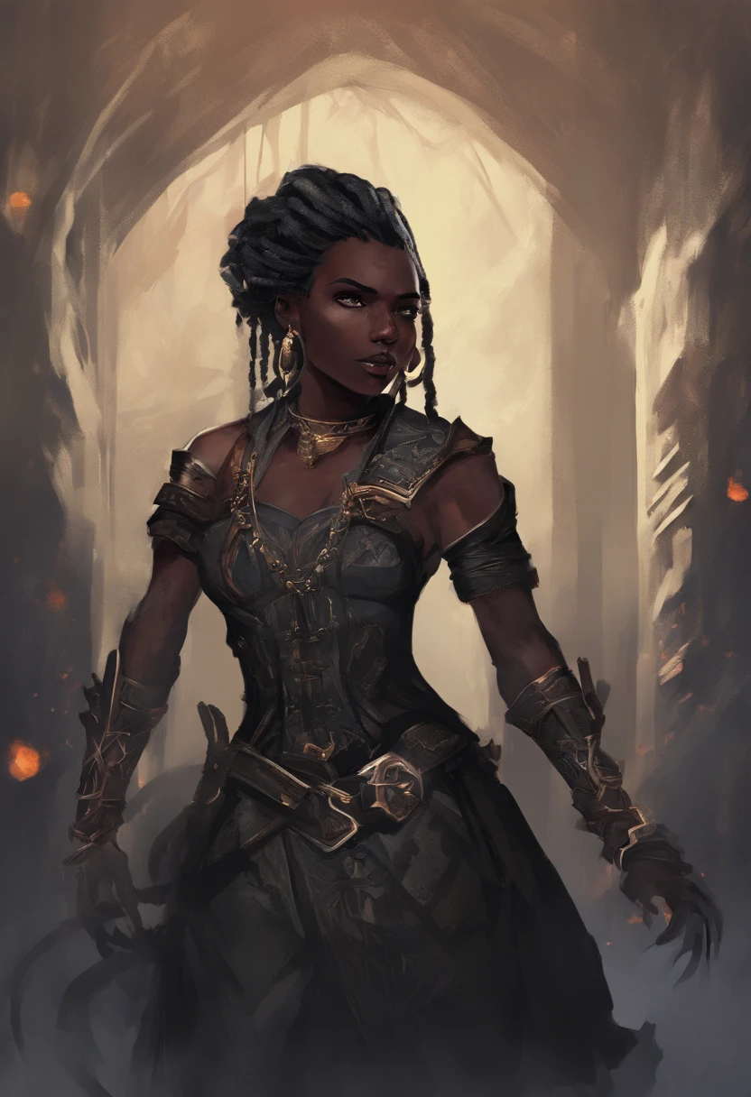castlevaniaannette, short hair, black hair, dark skin, (black eyes:1.5), dark-skinned female, very dark skin, dreadlocks,