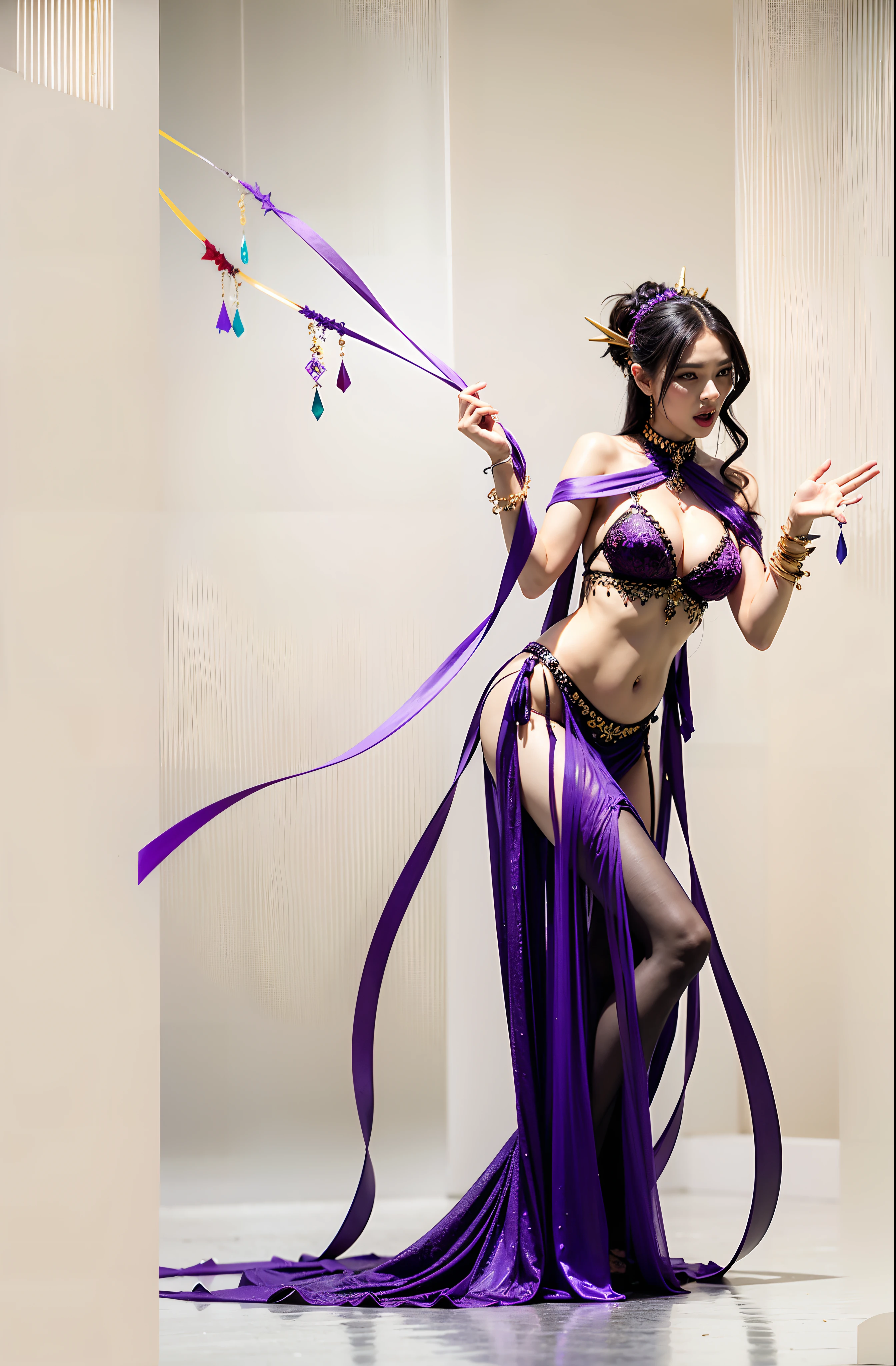 Enchanting witch succubus，broad chest, Slim waist，heavy  makeups，Extra-long nails，Wearing a belly dancing bikini，Enchanting and seductive，The expression is vicious，There are purple streamers on the body，Eat men