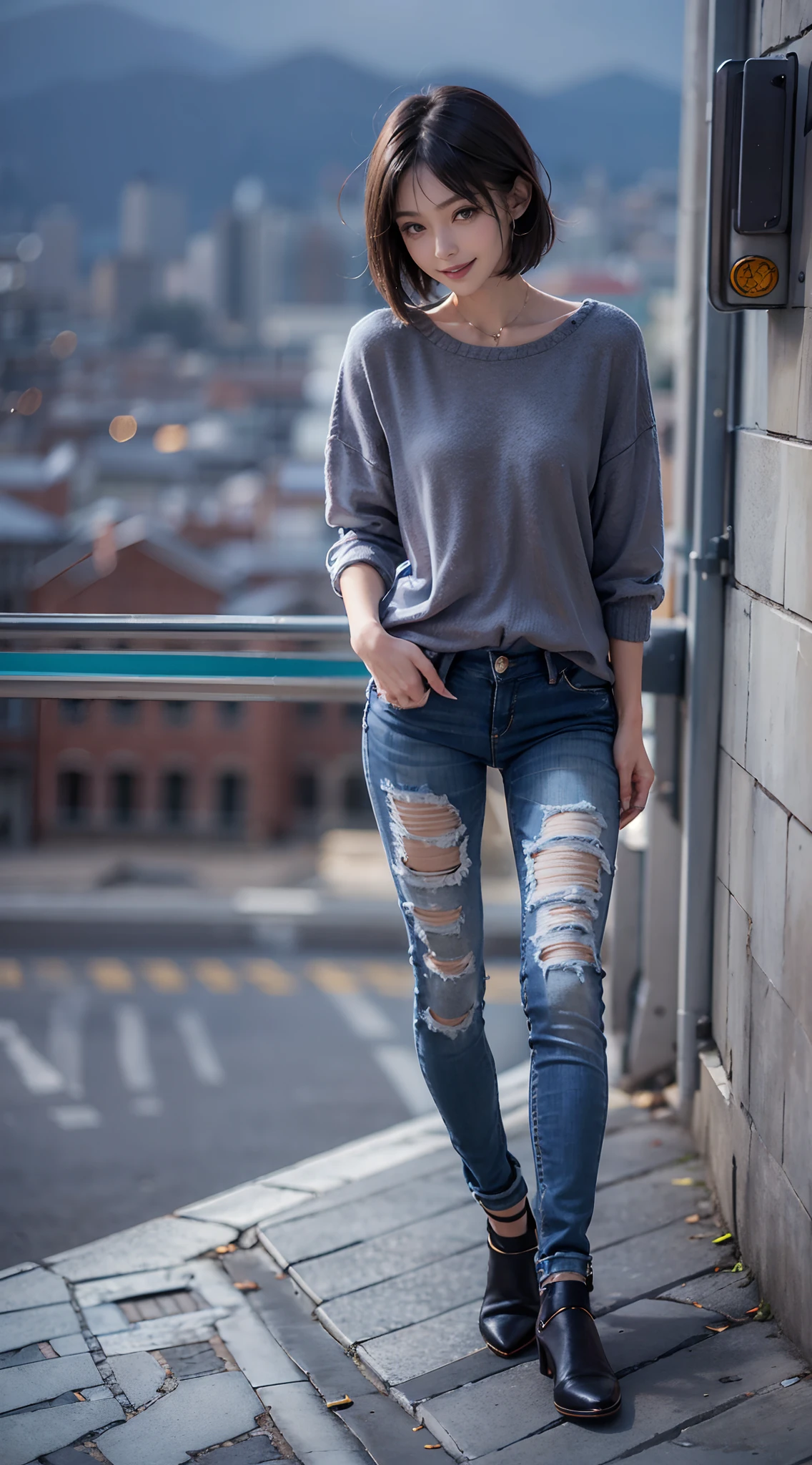 ((Skinny Long Jeans)), knit shirt, A city scape, (The FW), 1womanl, Solo, 24 year old, 7headed body, (cute  face), (Ideal ratio body proportions), (Composition from head to thigh), Smiling smile, erectile nipple, Sexy body, Wet, short-hair, Dark hair, small tits, A slender, Small buttocks, beauty legs, Skinny Legs, surrealism, Cinematic lighting, depth of fields, One-person viewpoint, F/1.8, 135 mm, nffsw, masutepiece, ccurate, ((Anatomically correct)), Textured skin, Super Detail, high details, High quality, awardwinning, Best Quality, hight resolution, 8K