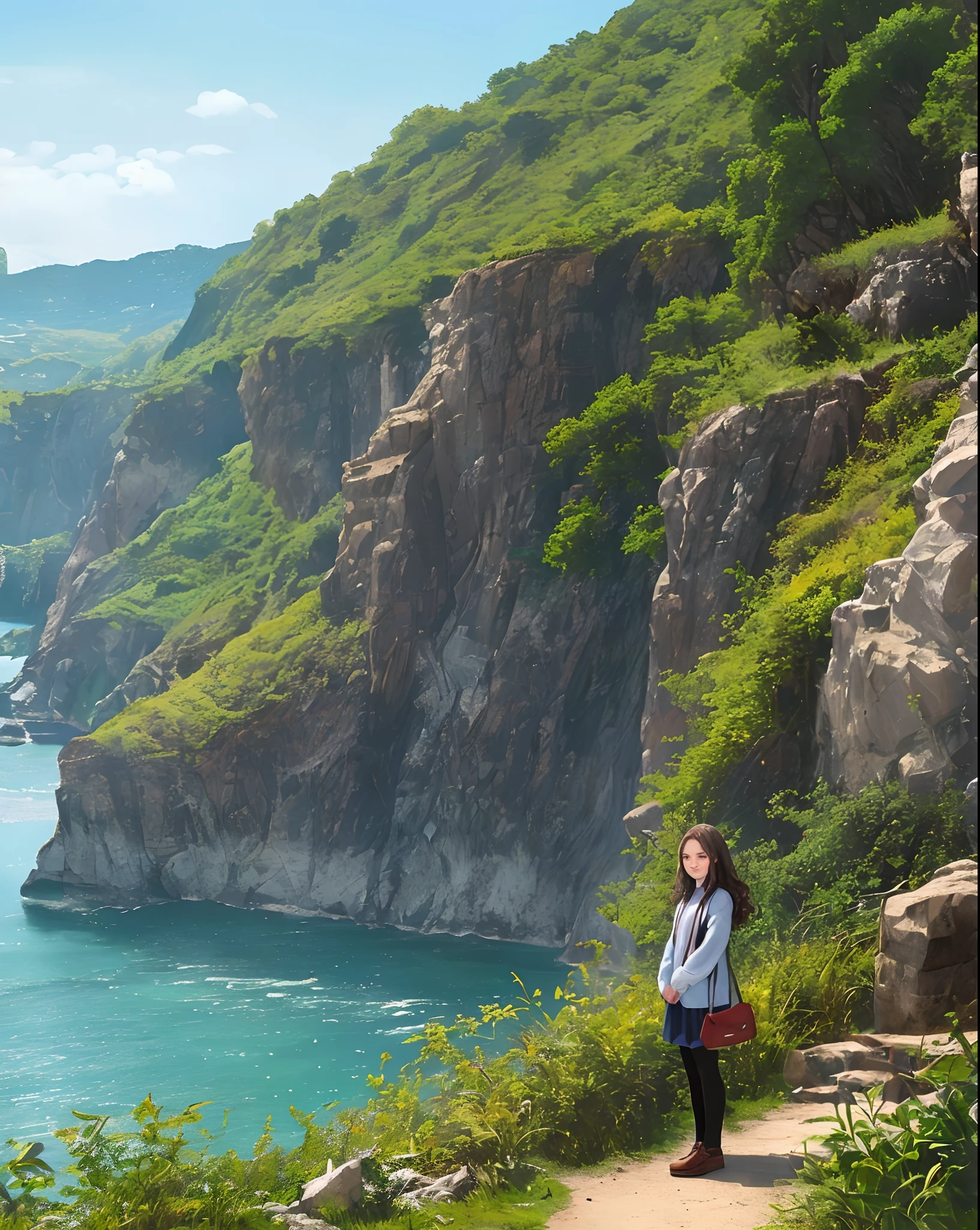 Beautiful girl with wavy brown hair, Against the backdrop of the picturesque landscape landscape of Doya Tourism