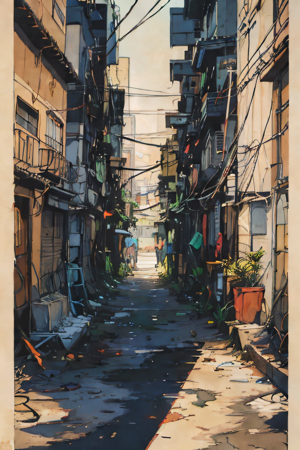 pintura digital expressiva, City of São Paulo, favela muito grande, pollution, lixo, ruas , rua estreita, Substances, Becos,Caos visual, Larger view, Antenas (imagem panoramica de longe distante) detalhes intricados, vertical composition, Interlaced electrical wires