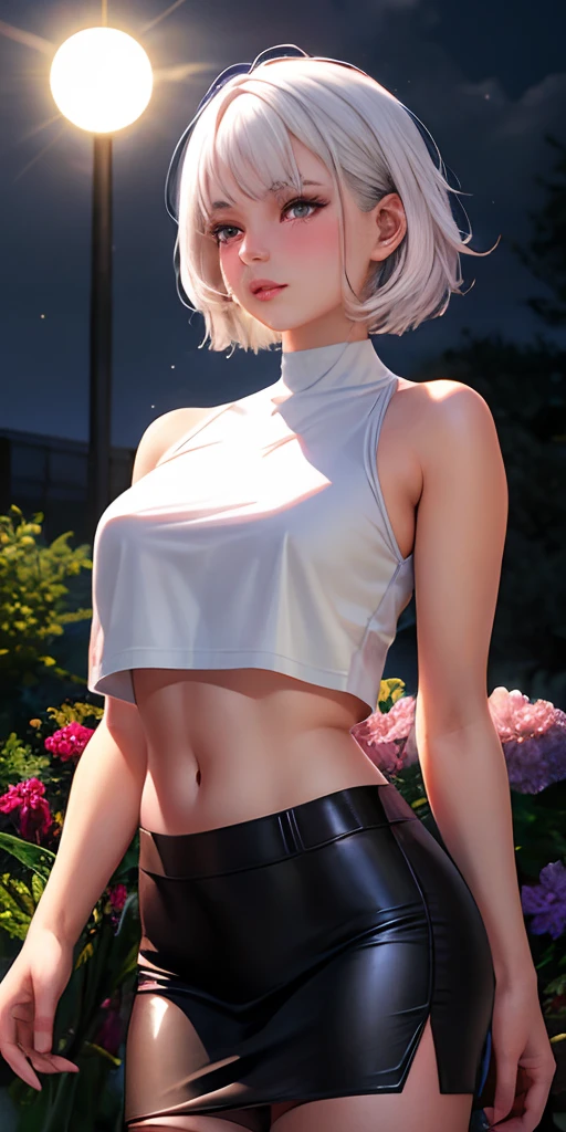 realistic, 1girl, white hair, purple eyes, glowing eyes, crop top, skirt, parted lips, blush, night, flowers, sun, sunlight,