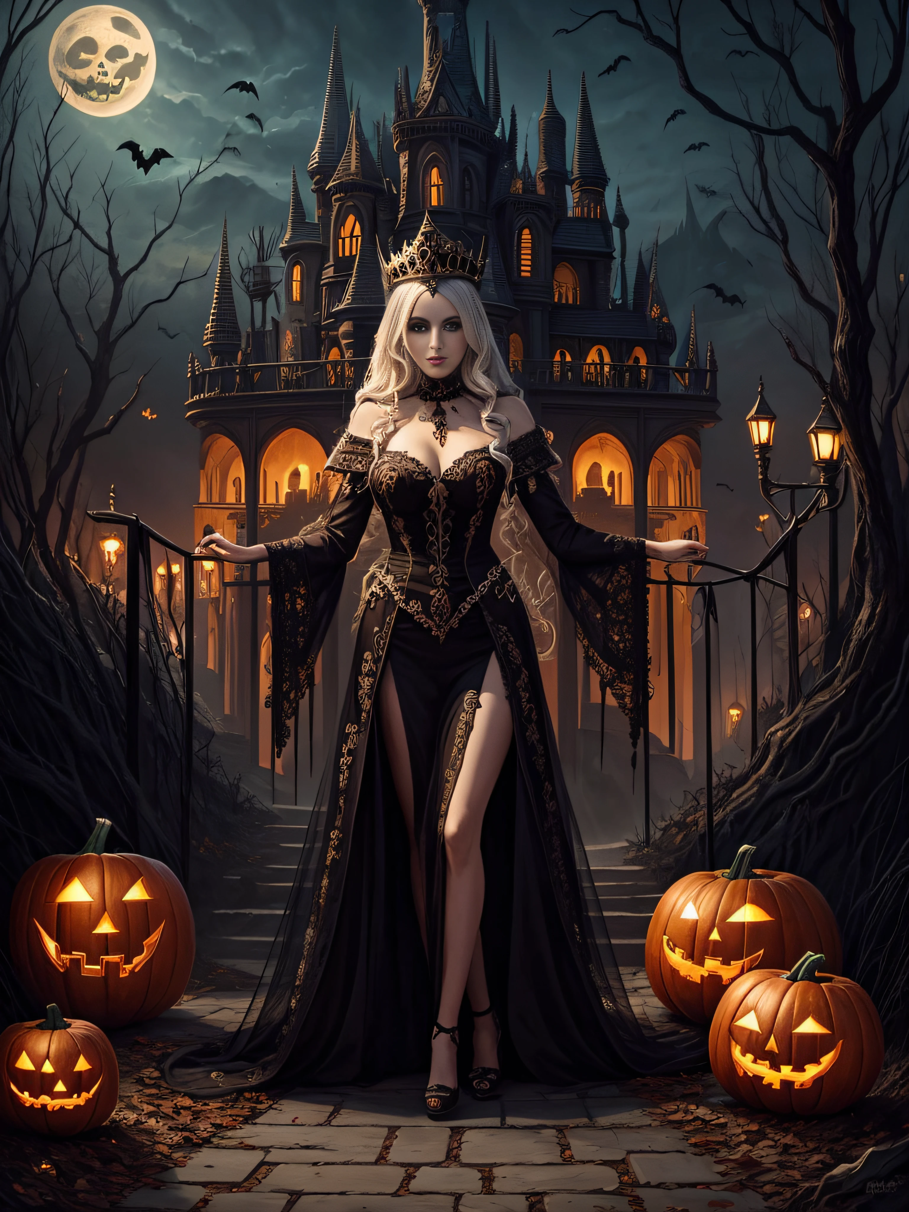 Landscape full body queen of the dead, Halloween palace in the valley, theme Halloween  spectacular intricate detailed, surreal