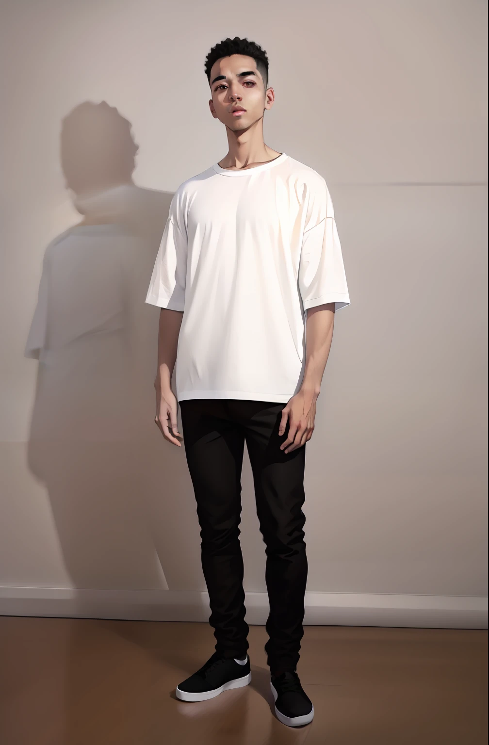 arafed man in a white shirt and black pants standing in front of a white wall, plain white tshirt, full body wide shot, white tshirt, white t-shirt, white t - shirt, dressed in a white t shirt, minimal clothing, white russian clothes, full body photograph, teenage boy, white sleeves, dressed in a white t-shirt