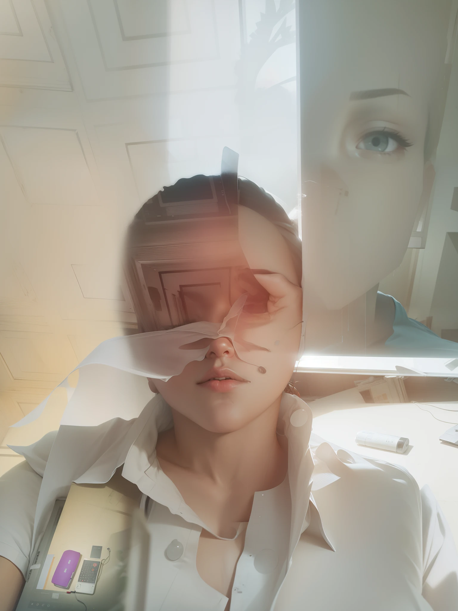 someone trying to explain how a computer works, empty apartment, dusk, run through windows, god rays and a knocked over plant on the desk, untidy, mystery