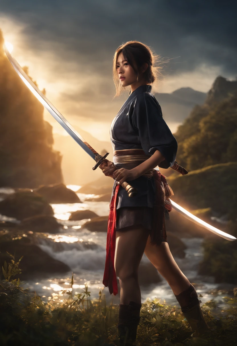 1girl, katana,drawing sword, kagurabachi, serious,,, perfect lighting, masterpiece, award-winning, best quality, reflective skin, highres, best quality, solo, outdoor, fighting,
