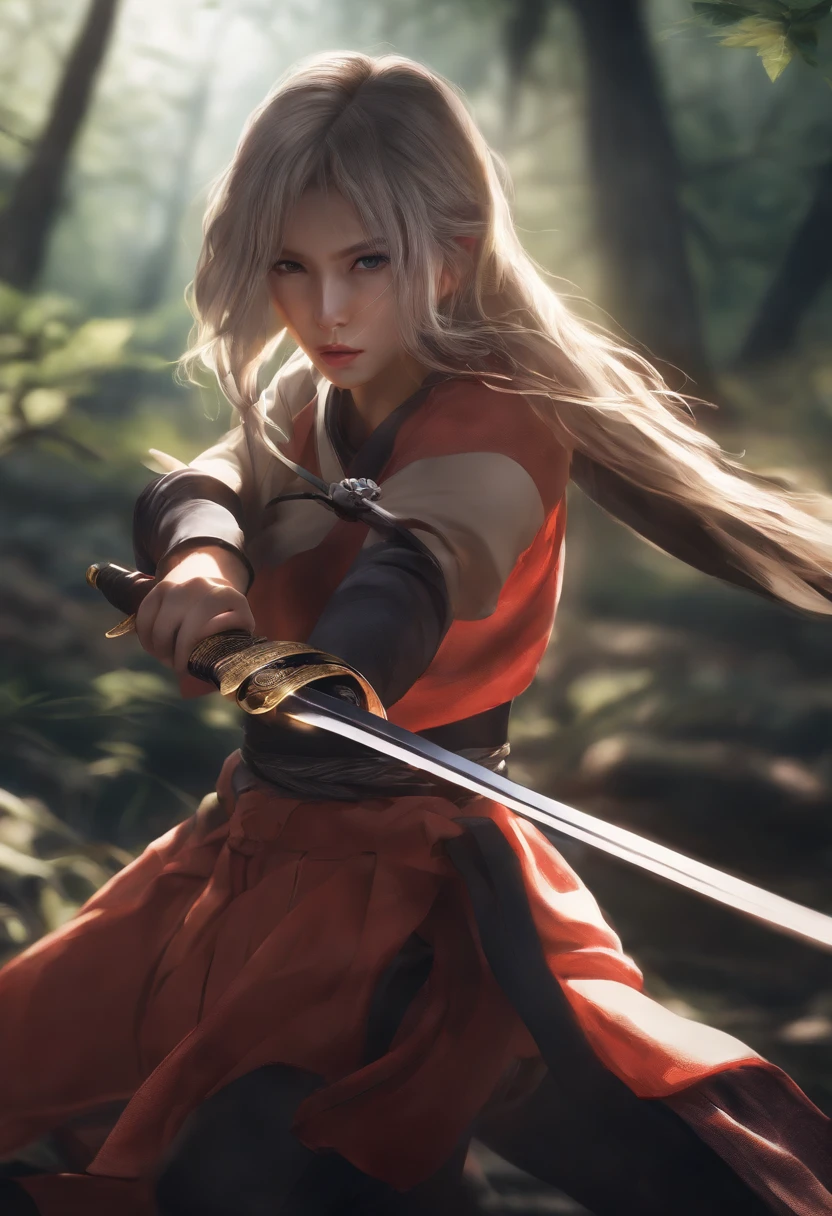 1girl, katana,drawing sword,   kagurabachi,   serious,,,  perfect lighting, masterpiece,  award-winning,  best quality, reflective skin, highres, best quality, solo, outdoor, fighting,