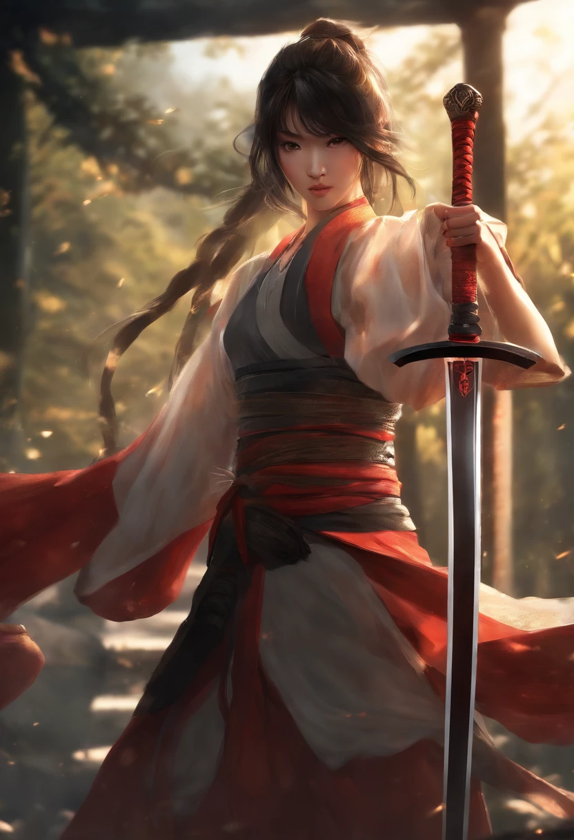1girl, katana,drawing sword, kagurabachi, serious,,, perfect lighting, masterpiece, award-winning, best quality, reflective skin, highres, best quality, solo, outdoor, fighting,