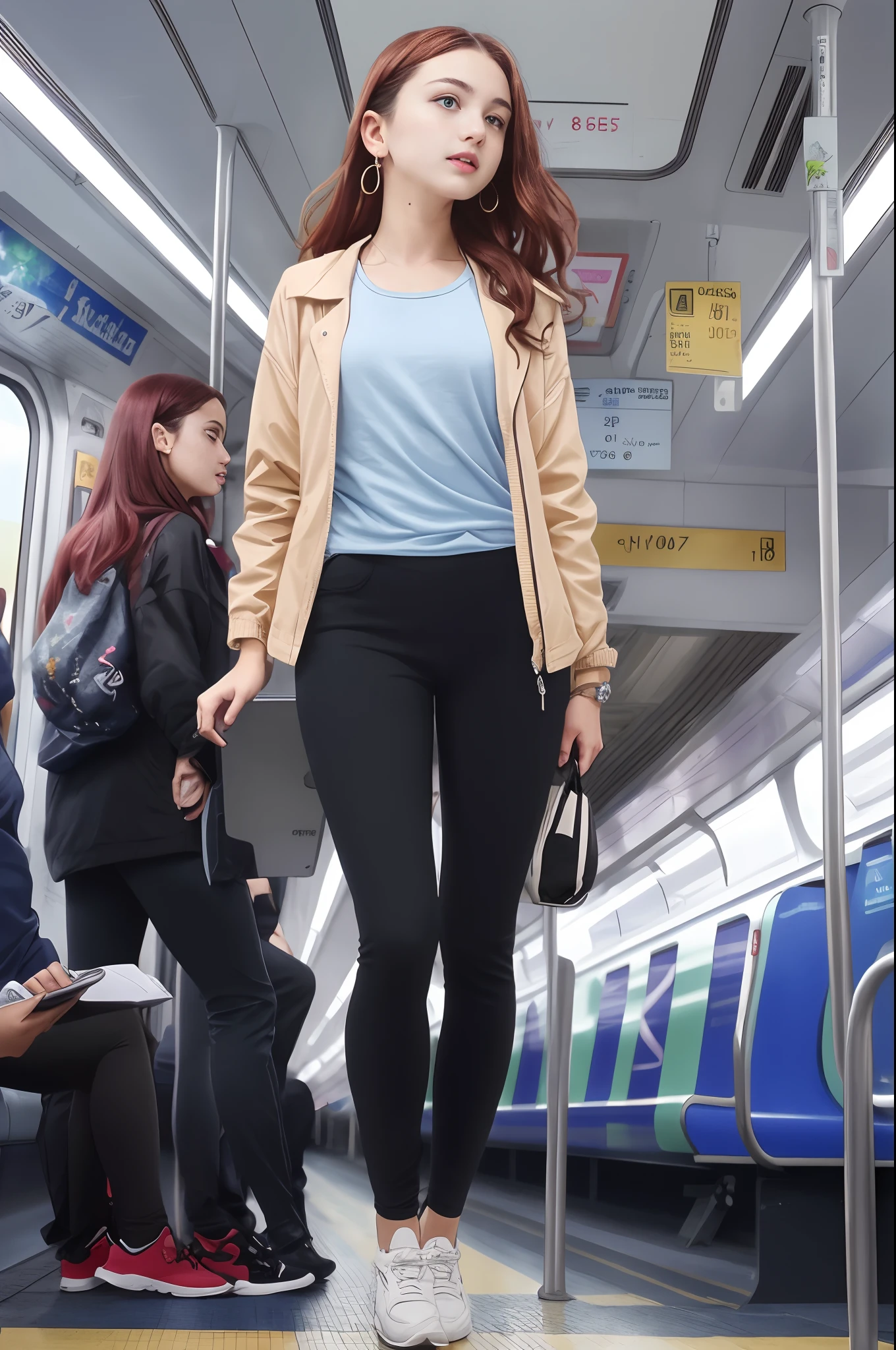((Croatian pre-teen)), beautiful girl, freckles on her face, Light blue eyes, Big earrings, white_t-shirt, jacket, black_leggings_pants, full body, shot from below, very fair skin, very long hair, wavy hair, red hair, busy subway car, photorealistic, Indirect lighting, volumetric light, ray tracing, hyper-detailed, best quality, ultra-high resolution, HDR, 8k