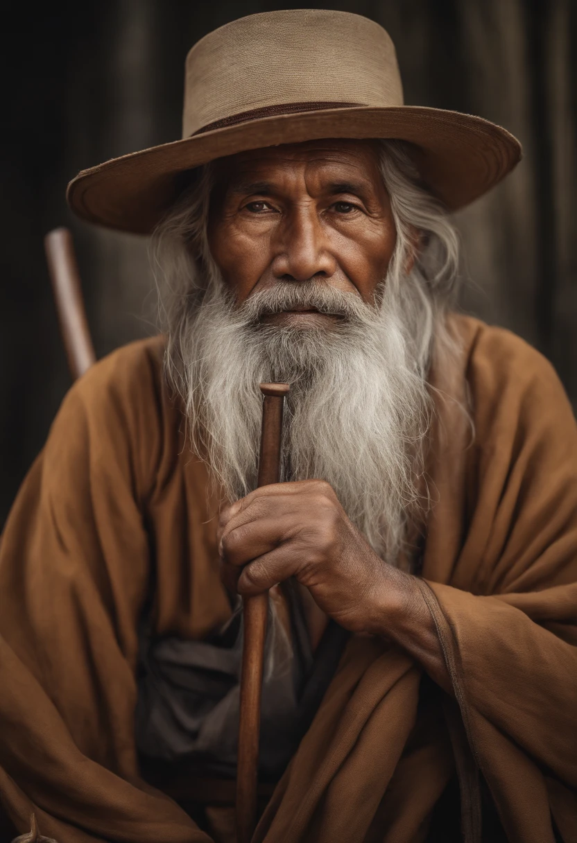 with a long hair ，An Arafeld man wearing a hat with a stick, 60 year old , man portrait, sharp looking portrait, peaceful expression, Wise old man, stunning portrait, Beautiful portrait, portrait photo of an old man, Old man, a old man, Serene expression, portrait of monk, of an old man, Portrait of an old man, Perfectly centered portrait