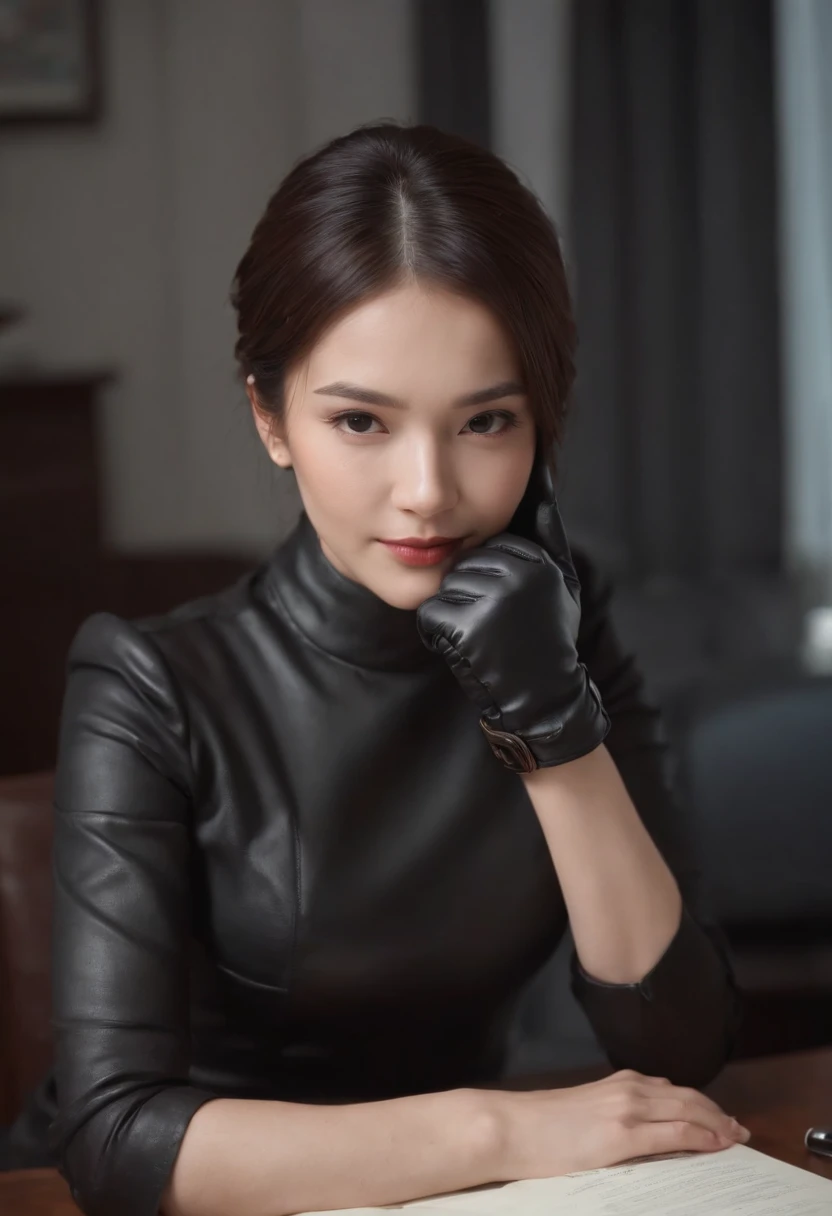 Wear black leather gloves on both hands, Upper body, In black suit, Facing the table in my room，Computer in the dark, Head down and smile, Write a letter with a pen, The brunette was tied back for a long time, She is also a young and cute new Japanese female employee (Black leather gloves cover hands)