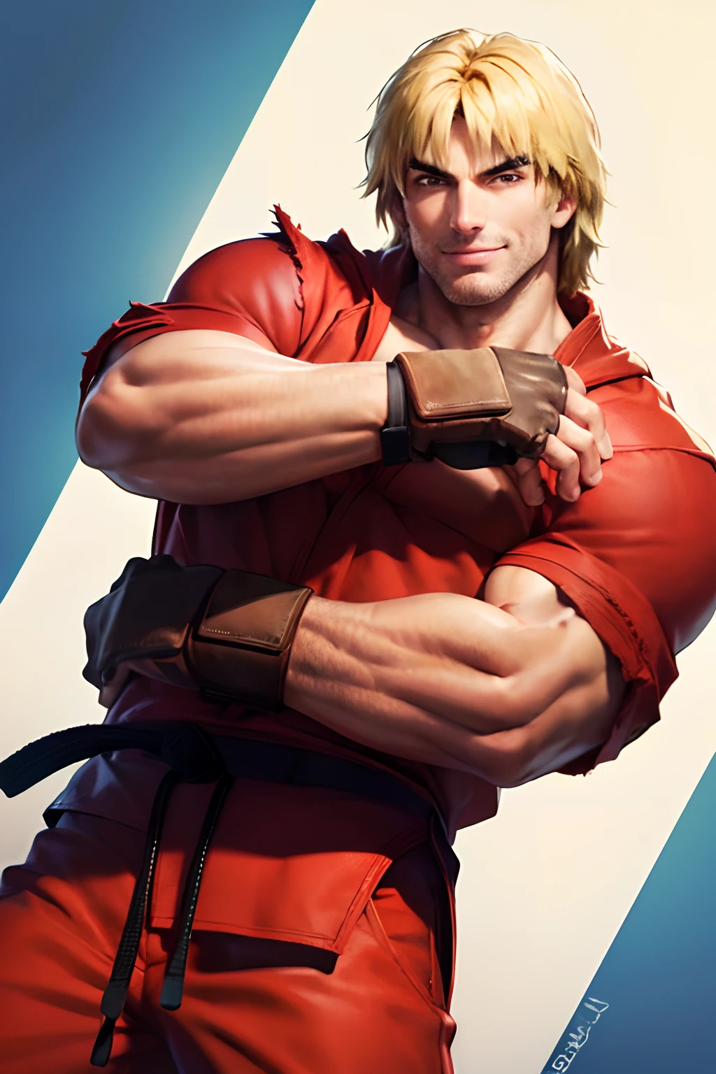 (masterpiece, best quality:1.2), cowboy shot, solo, male focus, 1boy, ken masters, muscular male, smile, crossed arms, red dougi, pants, fingerless gloves