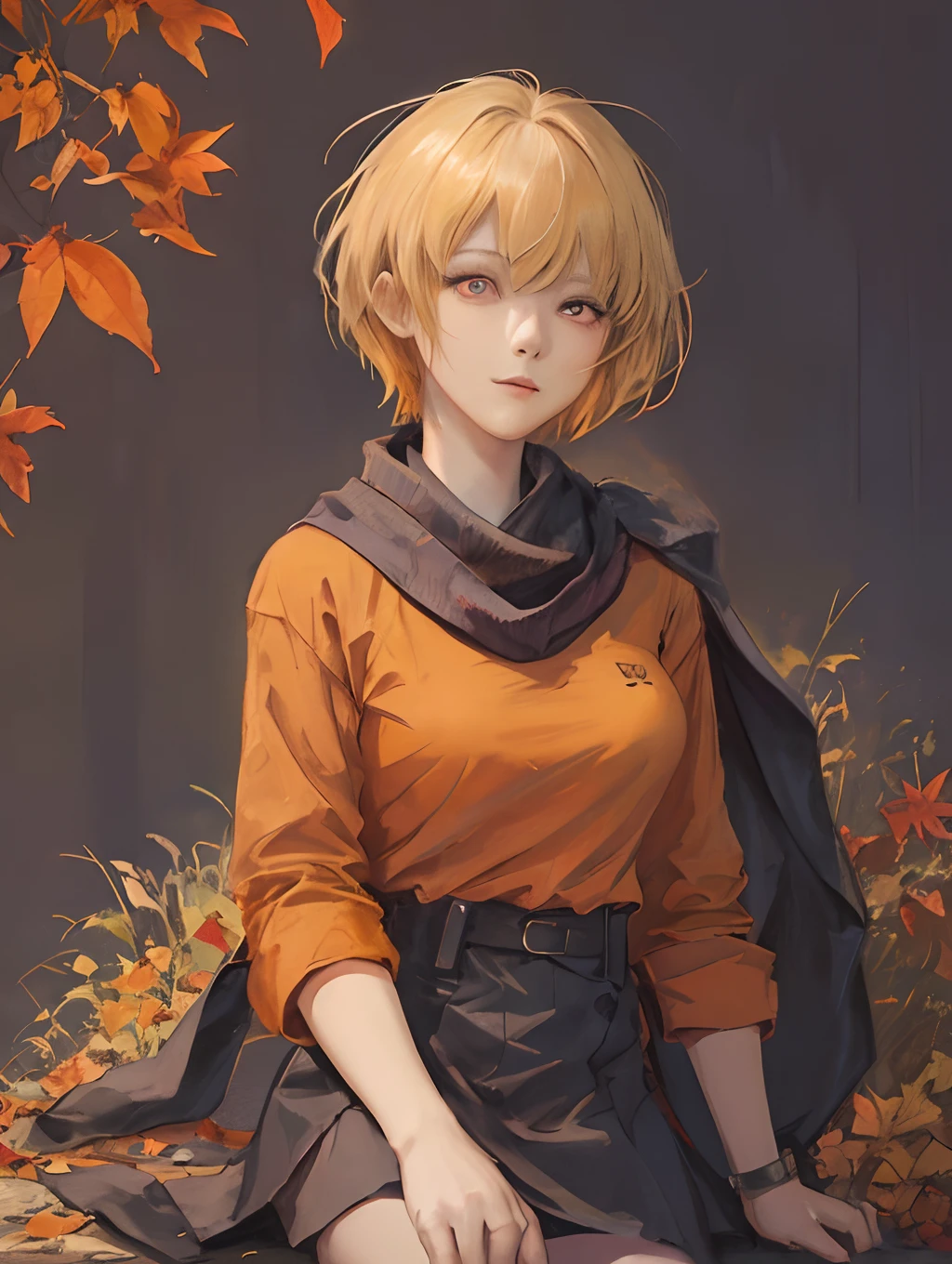 Anime Girl, 21 Years Old, Blonde Hair, Red Eyes, Pixie Cut, Orange T-Shirt, Black Skirt, Purple Scarf, Autumn Background, Orange Leaves, Chilling, Relaxing, Close-up Picture