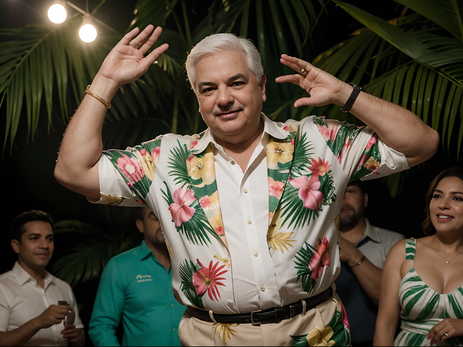 Portrait Hyperrealistic professional photograph of a president Ricardo Martinelli from Panama in an tropical dress, bailando de una manera exagerada muy alegre en medio de una sala de estar de una casa en una fiesta de amigos. a high definition, High resolution, vivid colors, cinematiclight, Renderizado de octanaje, Obra maestra,