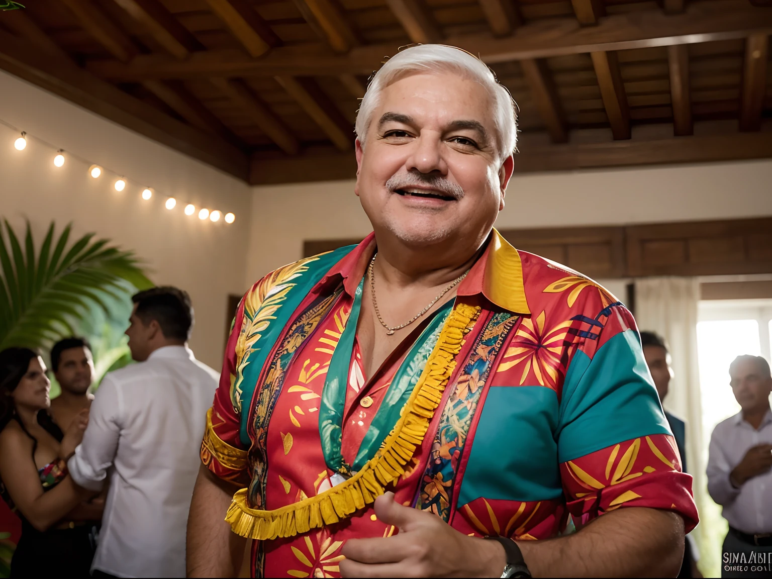 Portrait Hyperrealistic professional photograph of a president Ricardo Martinelli from Panama in an tropical dress, bailando de una manera exagerada muy alegre en medio de una sala de estar de una casa en una fiesta de amigos. a high definition, High resolution, vivid colors, cinematiclight, Renderizado de octanaje, Obra maestra,
