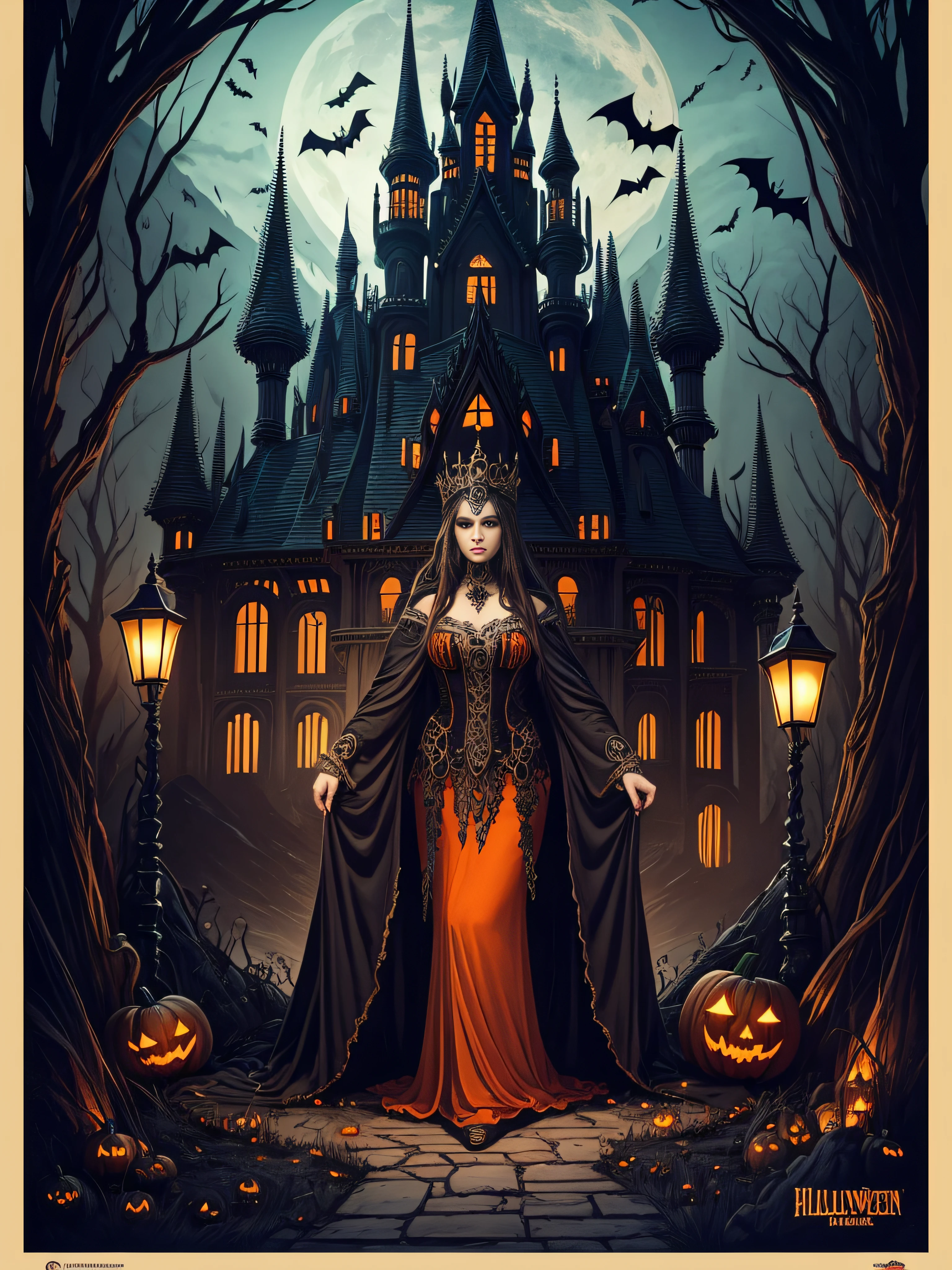 Landscape full body queen of the dead, Halloween palace in the valley, theme Halloween  spectacular intricate detailed, surreal