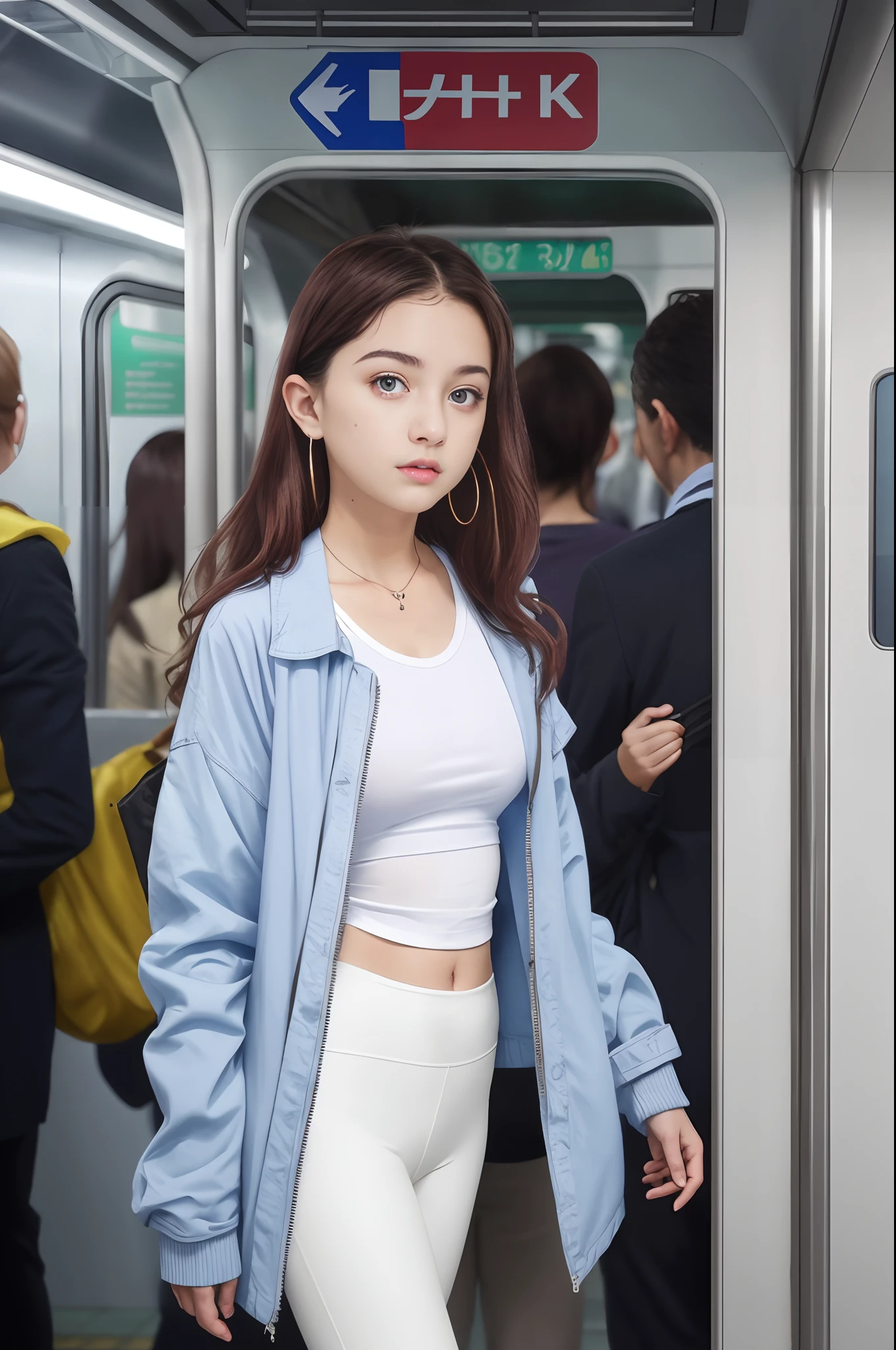 ((Croatian pre-teen)), beautiful girl, freckles on her face, Light blue eyes, Big earrings, white_t-shirt, jacket, black_leggings_pants, full body, shot from below, very fair skin, very long hair, wavy hair, red hair, busy subway car, photorealistic, Indirect lighting, volumetric light, ray tracing, hyper-detailed, best quality, ultra-high resolution, HDR, 8k