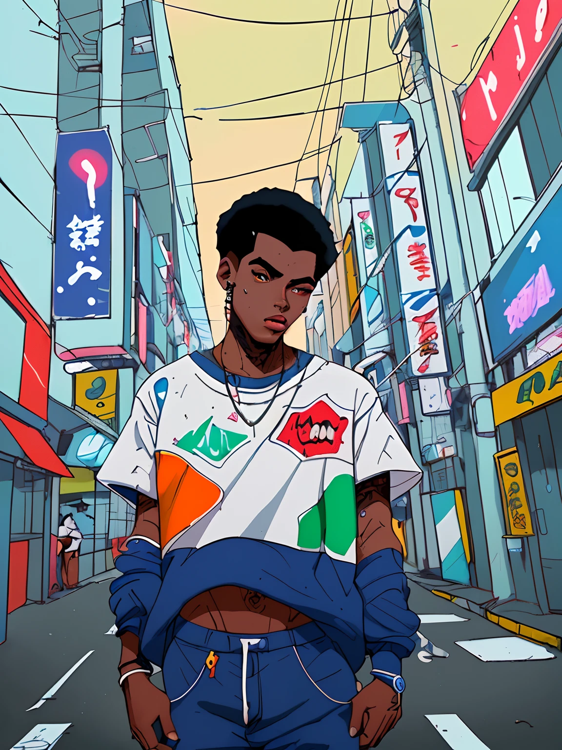 jovem masculino de 20 anos com pele branca clara, rosto brasileiro e com roupa moda de rap com estampa japonesa, em cidade pop, noite, luz neon, capa de revista magazine, 4k, Anime 2D, surrealismo, arte vetorial
