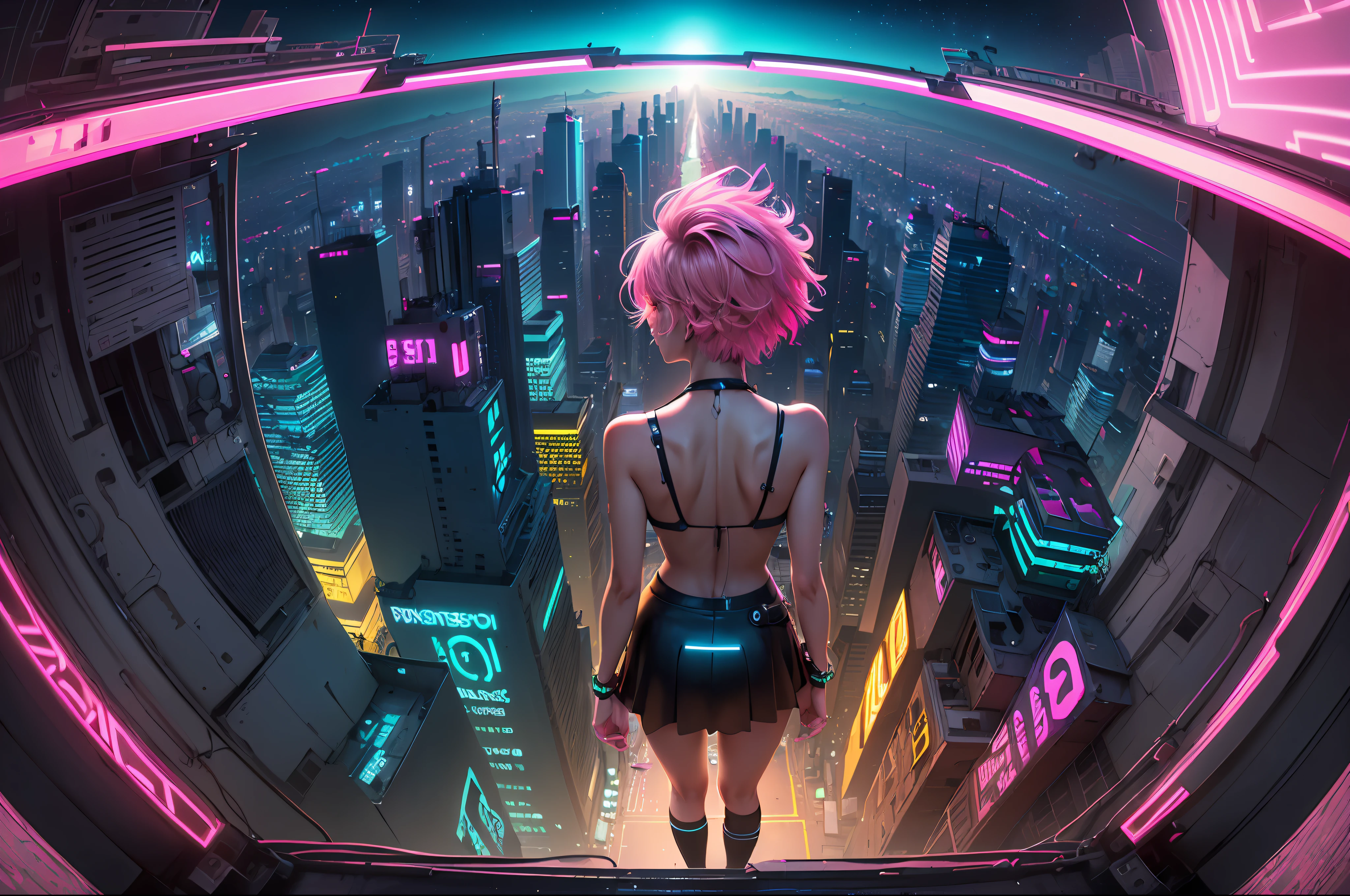 (masterpiece, 4k ,ultra detailed:1.2),(anime:1.2),illustration,(realistic:1),
(solo:1.4),
(panorama,Two-point perspective:1.4),aerial shot,(fisheye:1.2),
(landscape,outdoor,night,midnight,cyberpunk,rooftop,sky:1.2),(skyscraper,cityscape:1.4),
(neon sign,blue neon,pink neon,yellow neon:1.4),
(short hair:1.2),(supermodel:1.4), half naked pedestrians,girlish