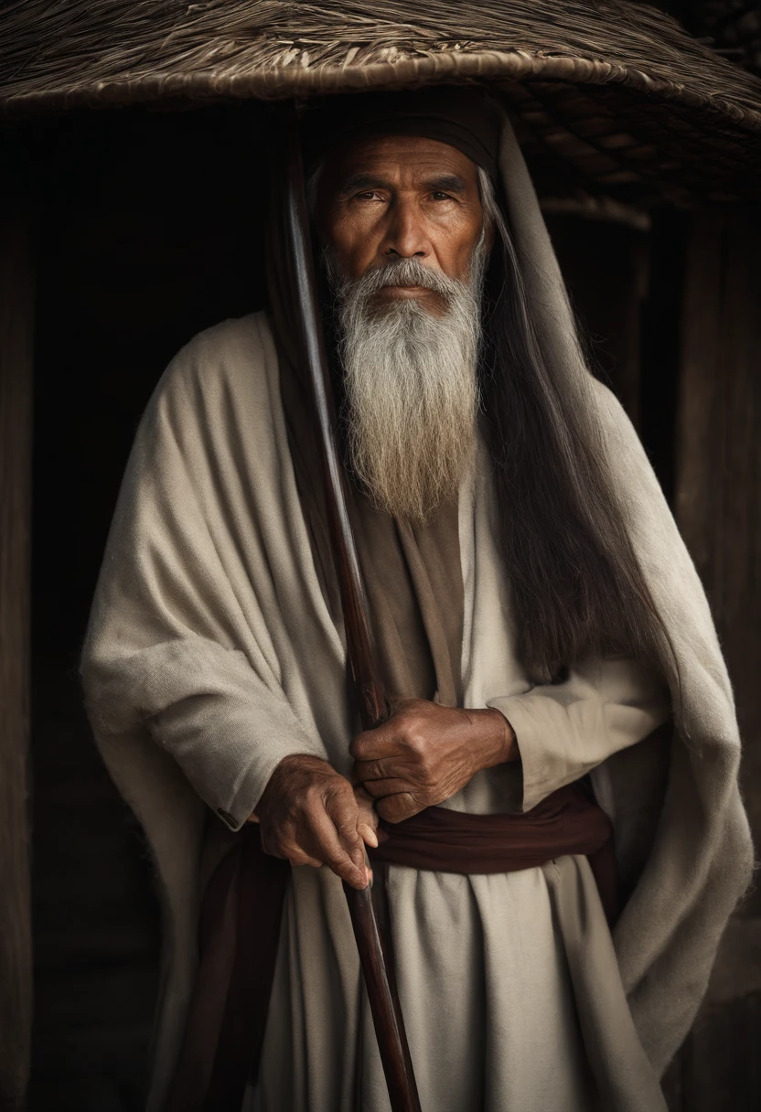 with a long hair ，An Arafeld man wearing a hat with a stick, 60 year old , man portrait, sharp looking portrait, peaceful expression, Wise old man, stunning portrait, Beautiful portrait, portrait photo  man, ,  Serene expression, portrait of monk, of an  man, Portrait of an old man, Perfectly centered portrait