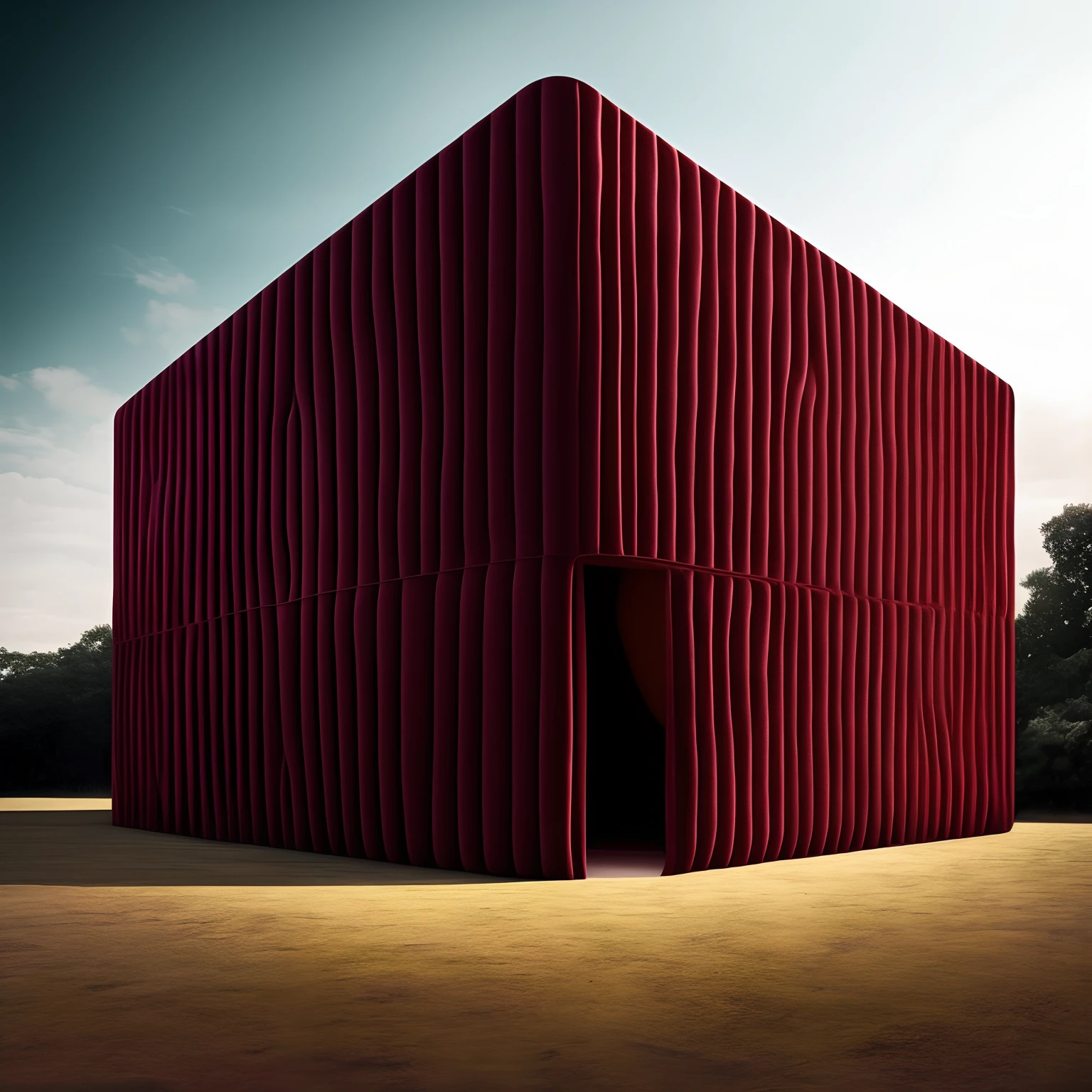 A visually captivating image of a giant square building made entirely out of velvety fabric. It is perfectly smooth and has a rich, dark crimson color. The square is suspended off the ground, seemingly defying gravity, with a single door located on one side.