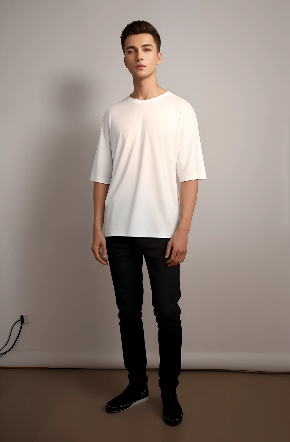 handsom man in a white shirt standing in front of a wall,full white background, fashion, luxury, extra detail, man in white basic oversized tshirt, white t-shirt, white t - shirt, young man with short, white tshirt, dressed in a white t shirt, plain white tshirt, dressed in a white t-shirt, young man with medium - length, medium portrait top light, (8k, RAW photo, best quality, masterpiece:1.2), (realistic, photo-realistic:1.37), professional lighting, photon mapping, radiosity, physically-based rendering,