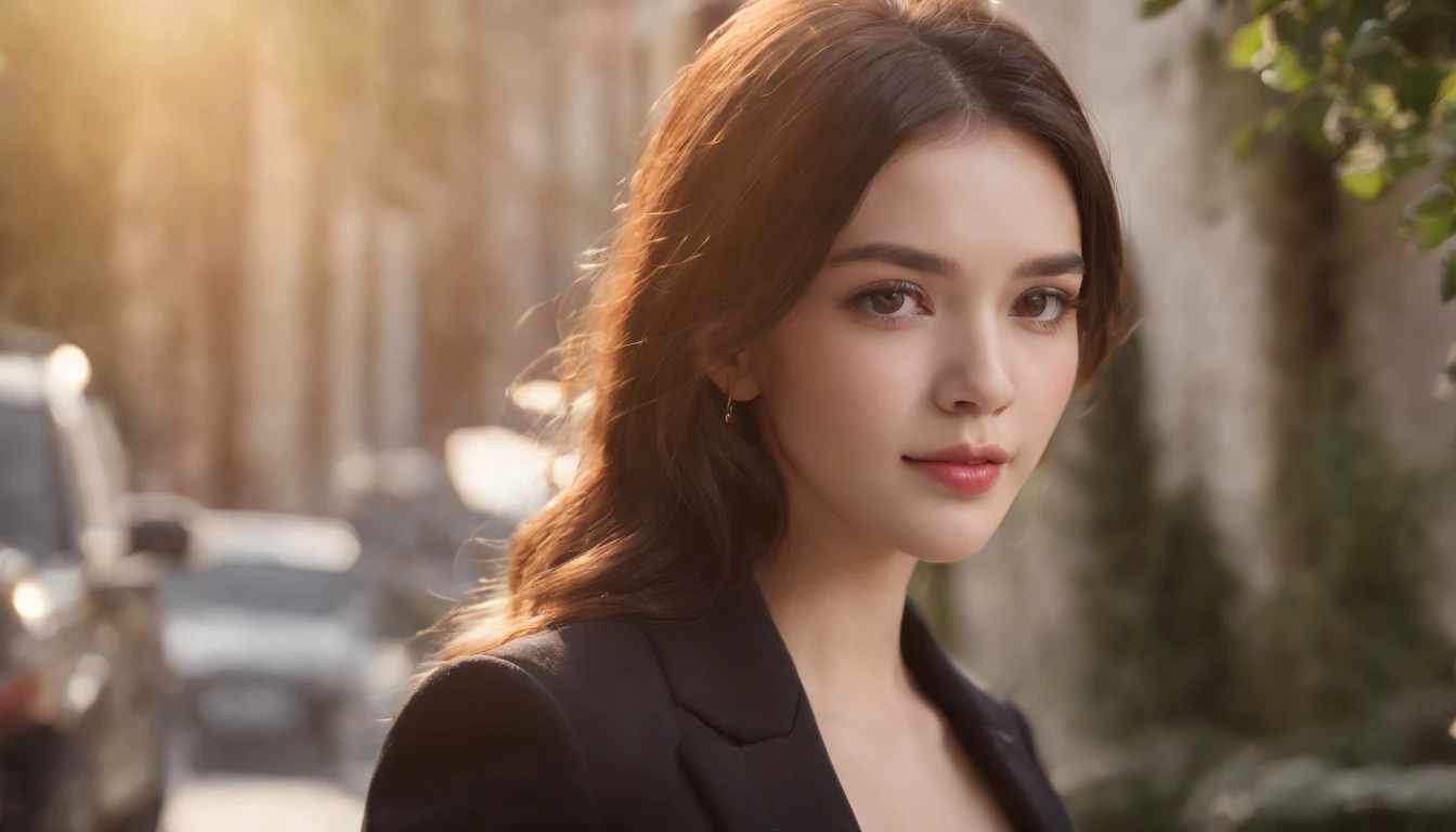 best quality, masterpiece, 1girl, Beautiful face, (photo realistic:1.3), rim lighting, (high detailed skin:1.2), 8k uhd, dslr, high quality, high resolution, 4k, 8k, Bokeh, absurdres, best ratio four finger and one thumb, (realistic:1.3), cute 1girl, wearing black formal blazer, medium breasts, short skirt,