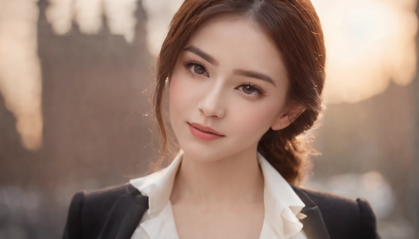 best quality, masterpiece, 1girl, Beautiful face, (photo realistic:1.3), rim lighting, (high detailed skin:1.2), 8k uhd, dslr, high quality, high resolution, 4k, 8k, Bokeh,  absurdres, best ratio four finger and one thumb, (realistic:1.3), cute 1girl, wearing black formal blazer, medium breasts, short skirt,