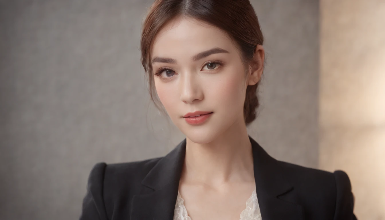 best quality, masterpiece, 1girl, Beautiful face, (photo realistic:1.3), rim lighting, (high detailed skin:1.2), 8k uhd, dslr, high quality, high resolution, 4k, 8k, Bokeh, absurdres, best ratio four finger and one thumb, (realistic:1.3), cute 1girl, wearing black formal blazer, medium breasts, short skirt,