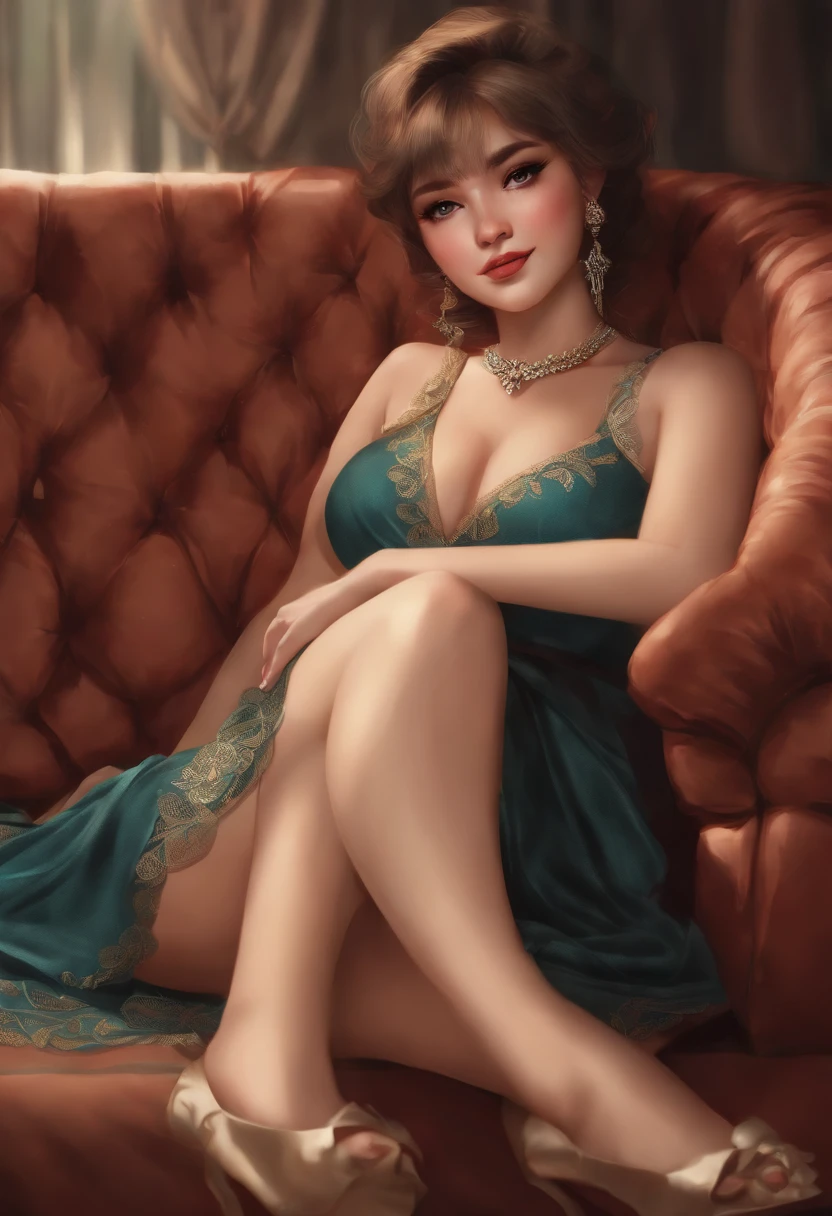 Woman sitting on a sofa , con senos grandes, con unos pechos grandes,  en vestido, pechos grandes!, 8k comic art, pechos grandes!!, [ Arte digital 4K ]!!, Arte de la giganta, small curvy loliductora chica de anime, Hermosa y seductora mujer de anime